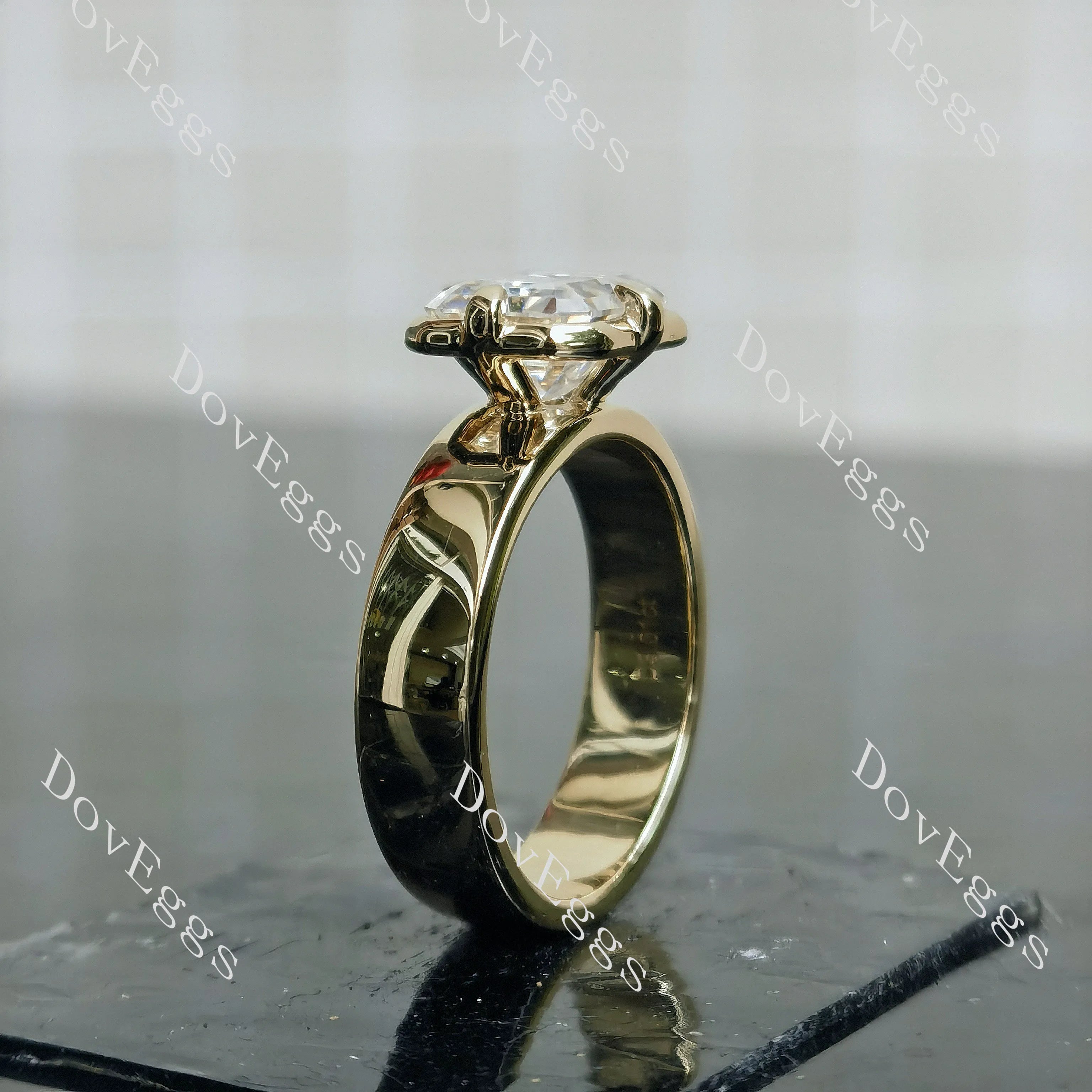 Emerald solitaire bezel moissanite engagement ring| DovEggs