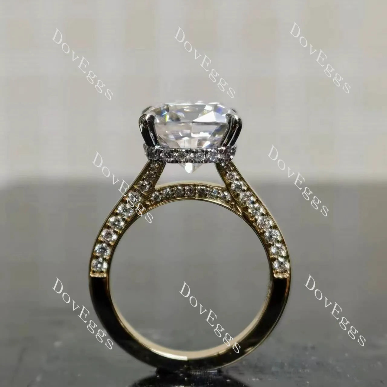 Oh My!-Cushion hidden halo pave moissanite engagement ring| DovEggs
