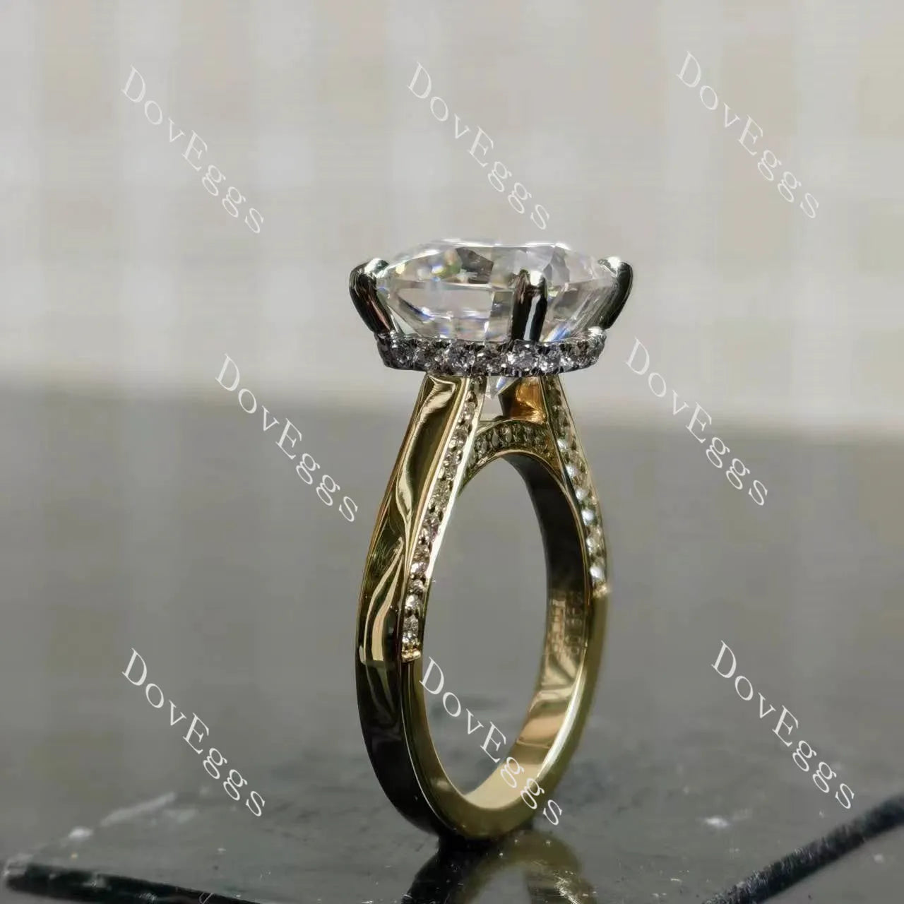 Oh My!-Cushion hidden halo pave moissanite engagement ring| DovEggs