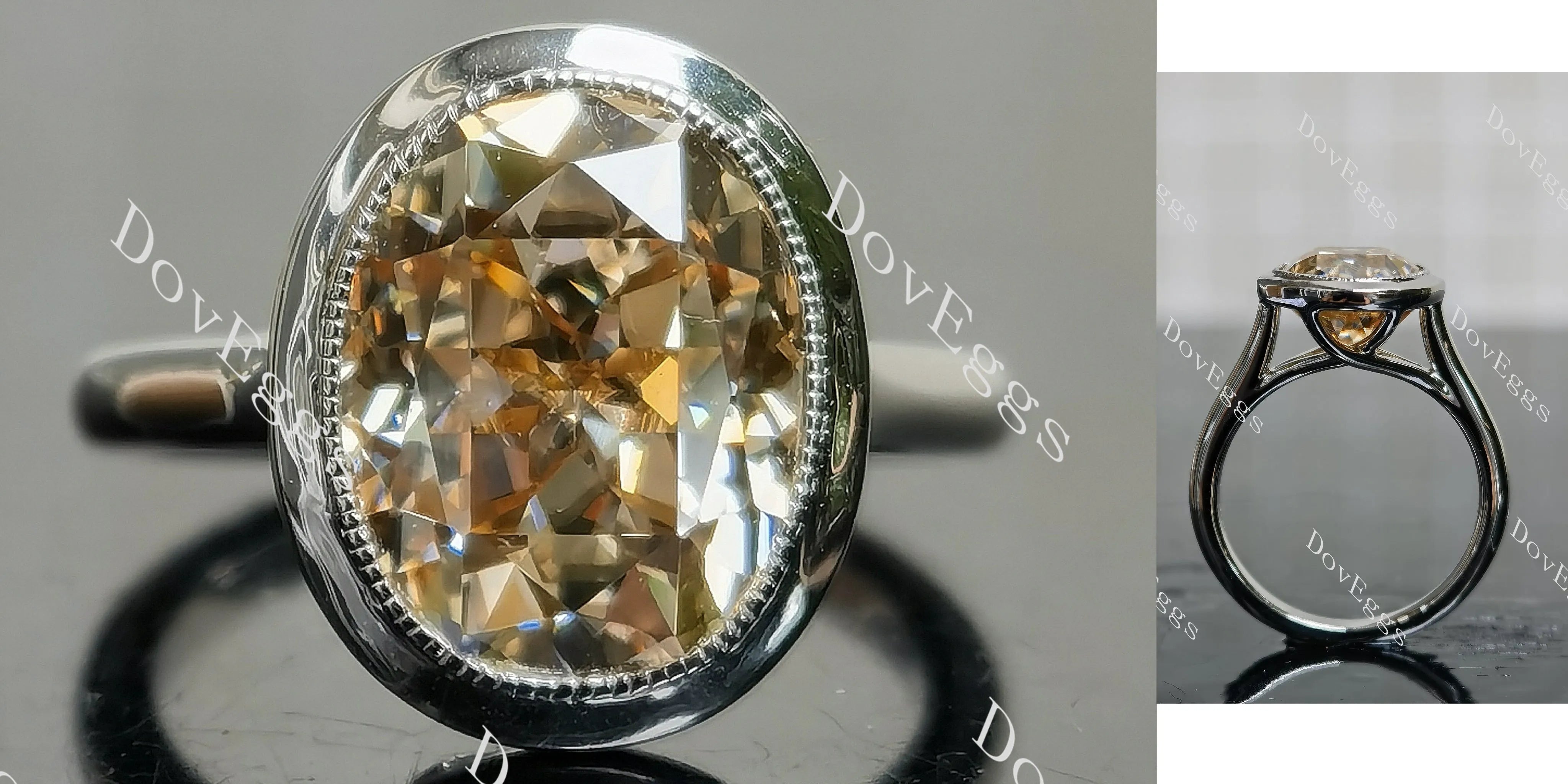 Oval bezel solitaire colored moissanite engagement ring| DovEggs