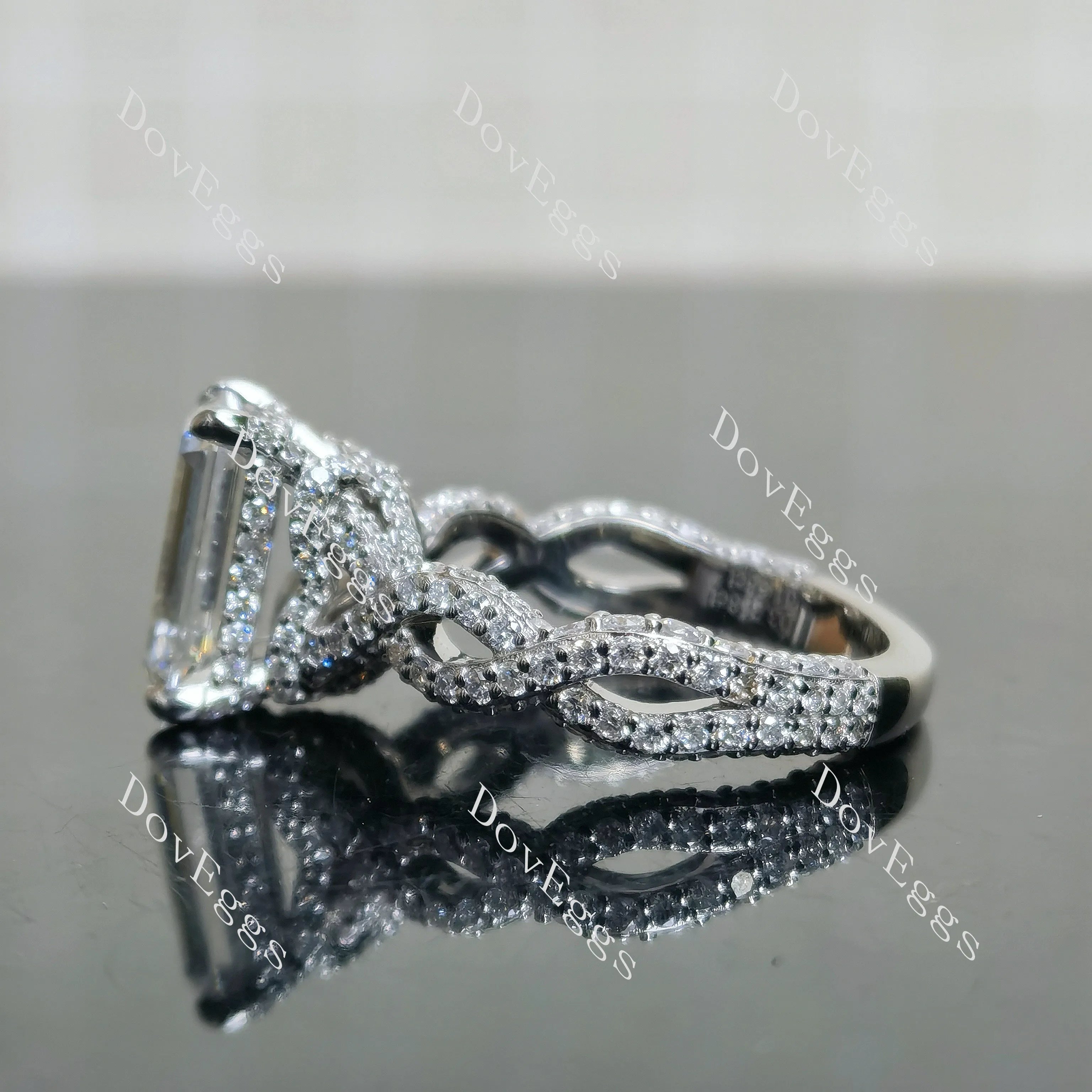 Emerald split shanks pave moissanite engagement ring| DovEggs