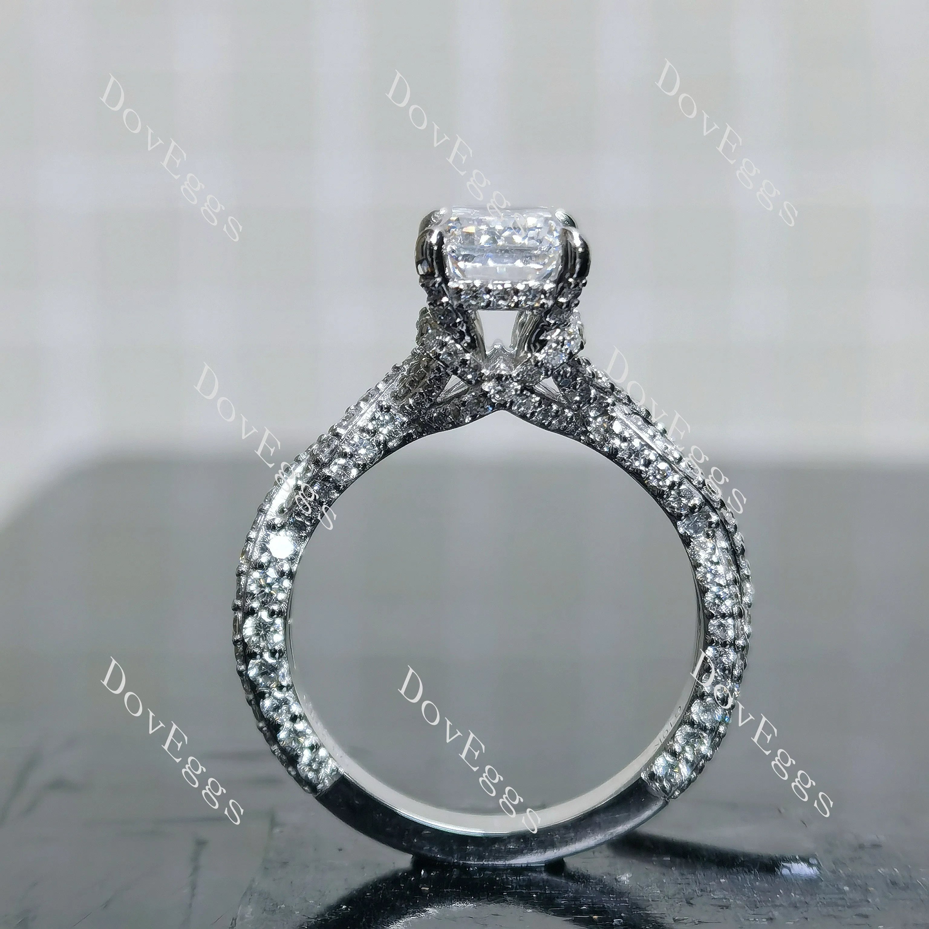 Emerald split shanks pave moissanite engagement ring| DovEggs