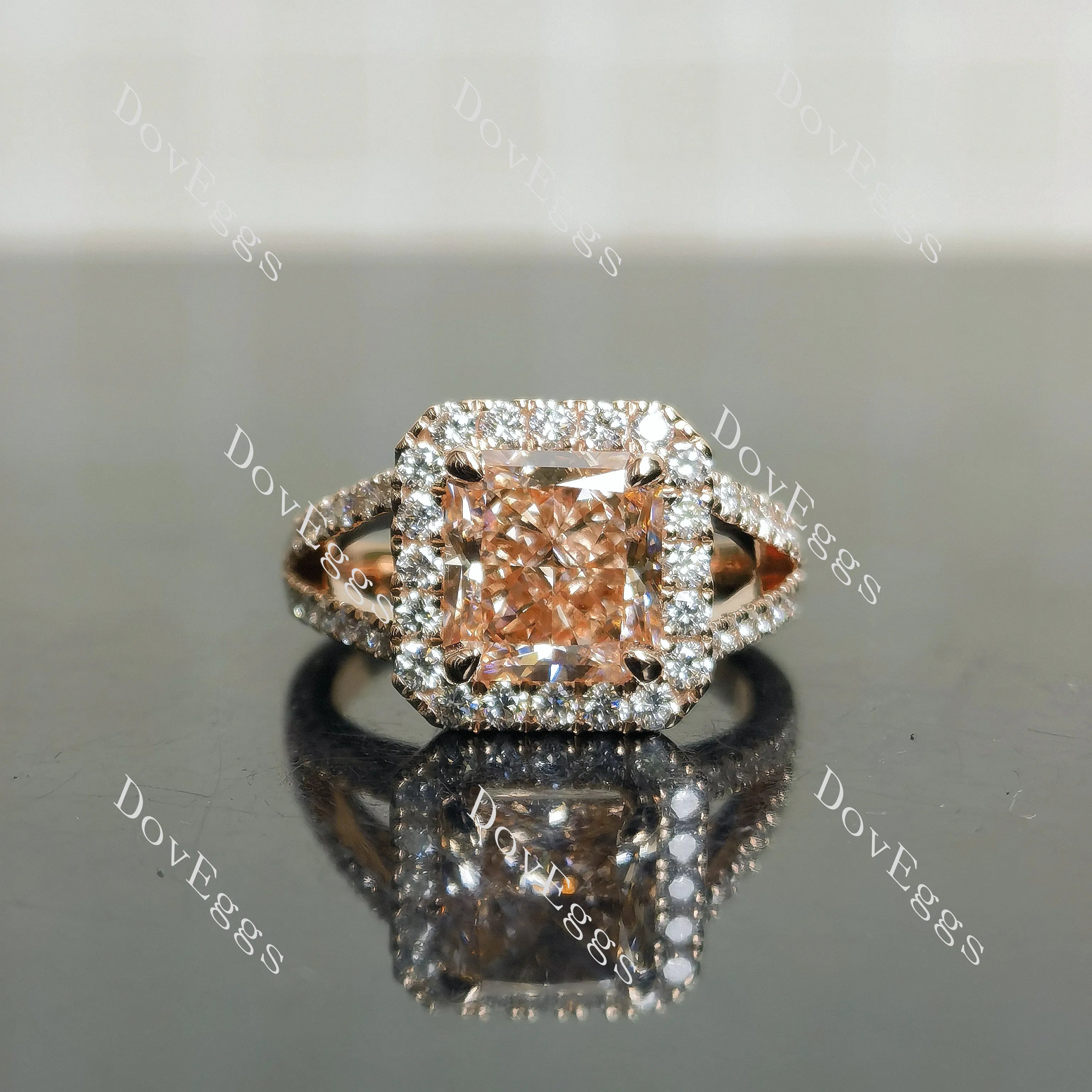 Doveggs Radiant Halo Split Shanks Fancy Vivid Pink Lab Grown Diamond Engagement Ring