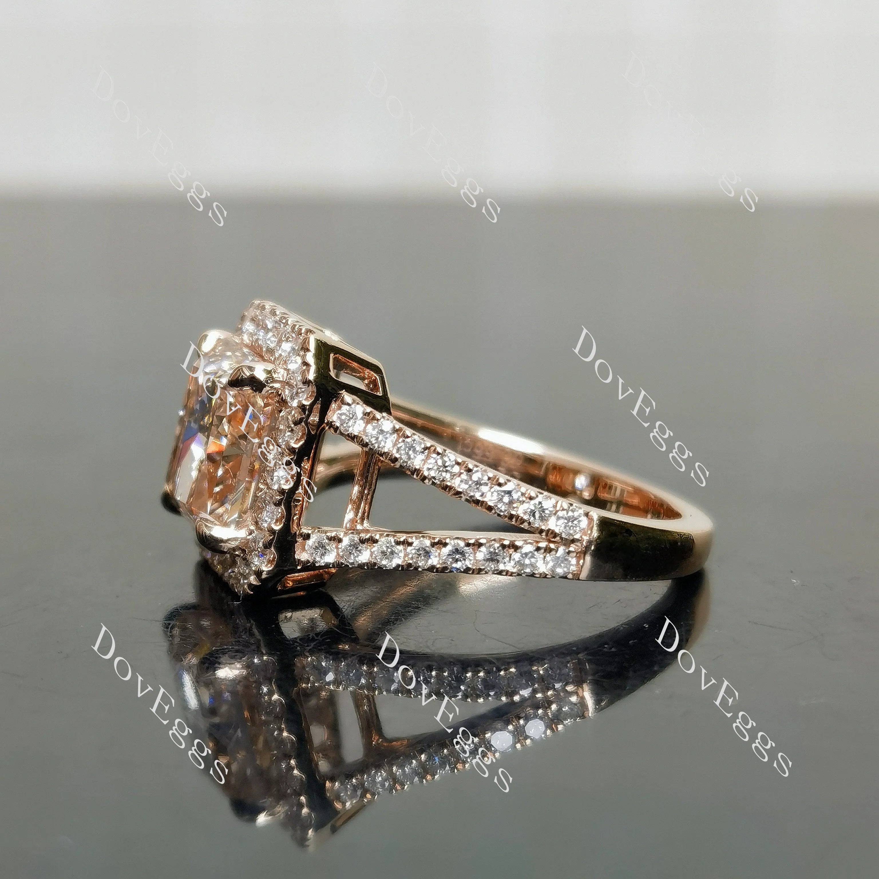 Radiant halo split shanks moissanite engagement ring| DovEggs