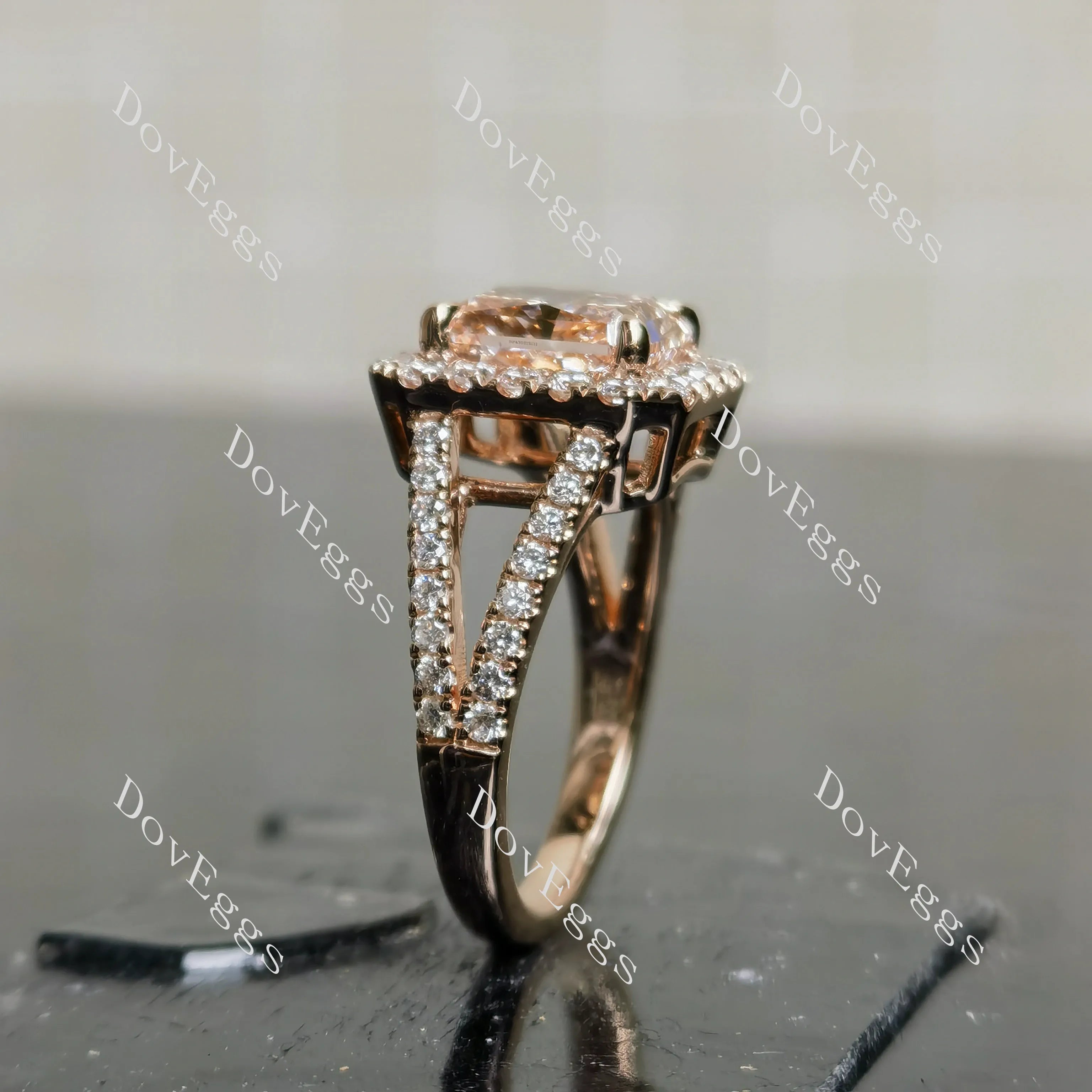 Radiant halo split shanks moissanite engagement ring| DovEggs