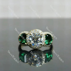 Round halo three stones moissanite engagement ring| DovEggs
