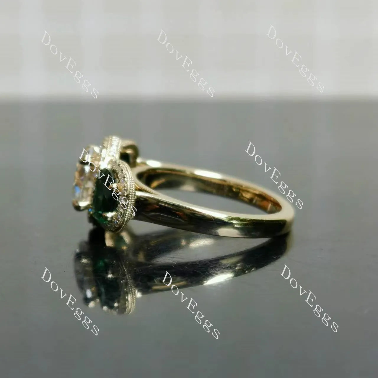 Round halo three stones moissanite engagement ring| DovEggs