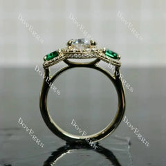 Round halo three stones moissanite engagement ring| DovEggs