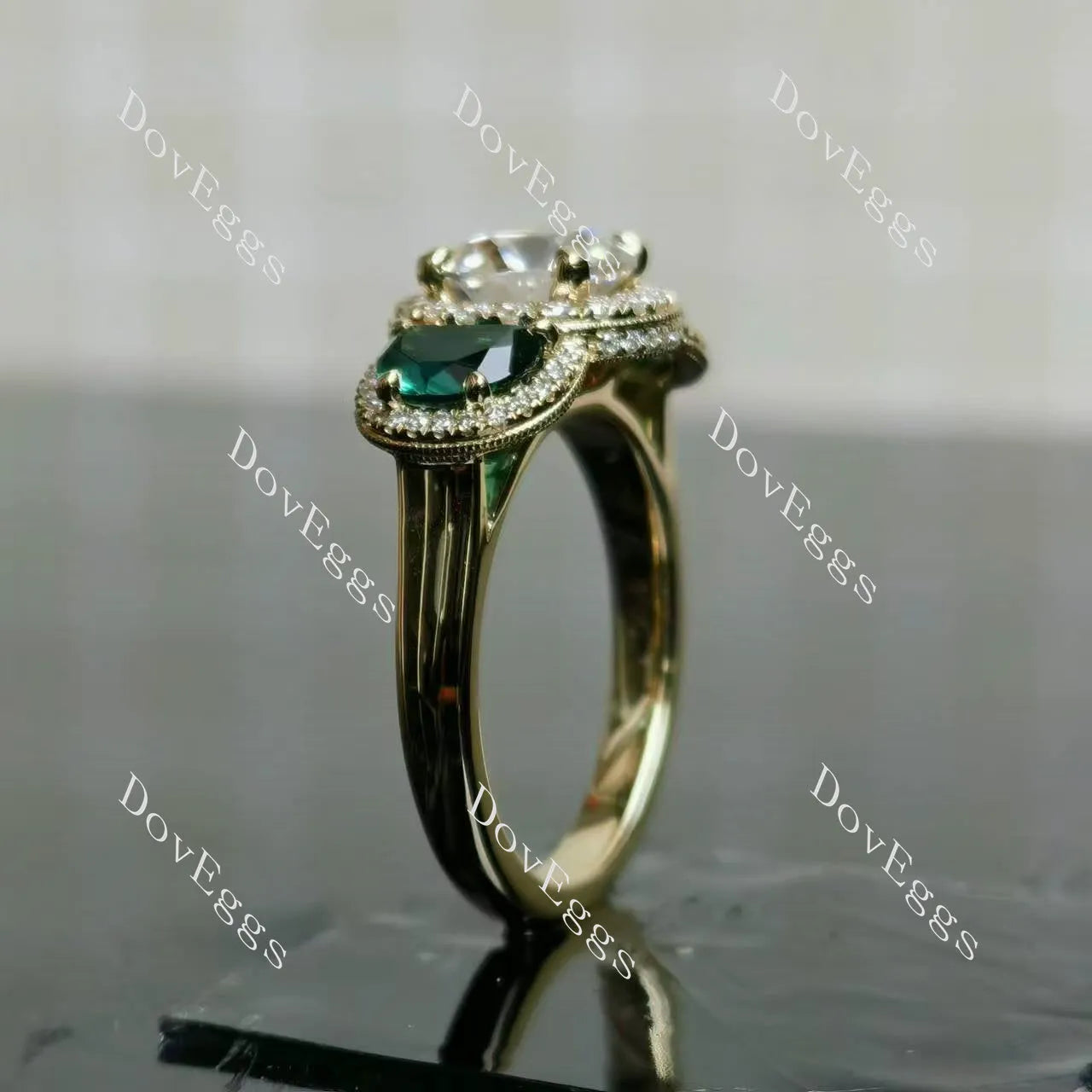 Round halo three stones moissanite engagement ring| DovEggs