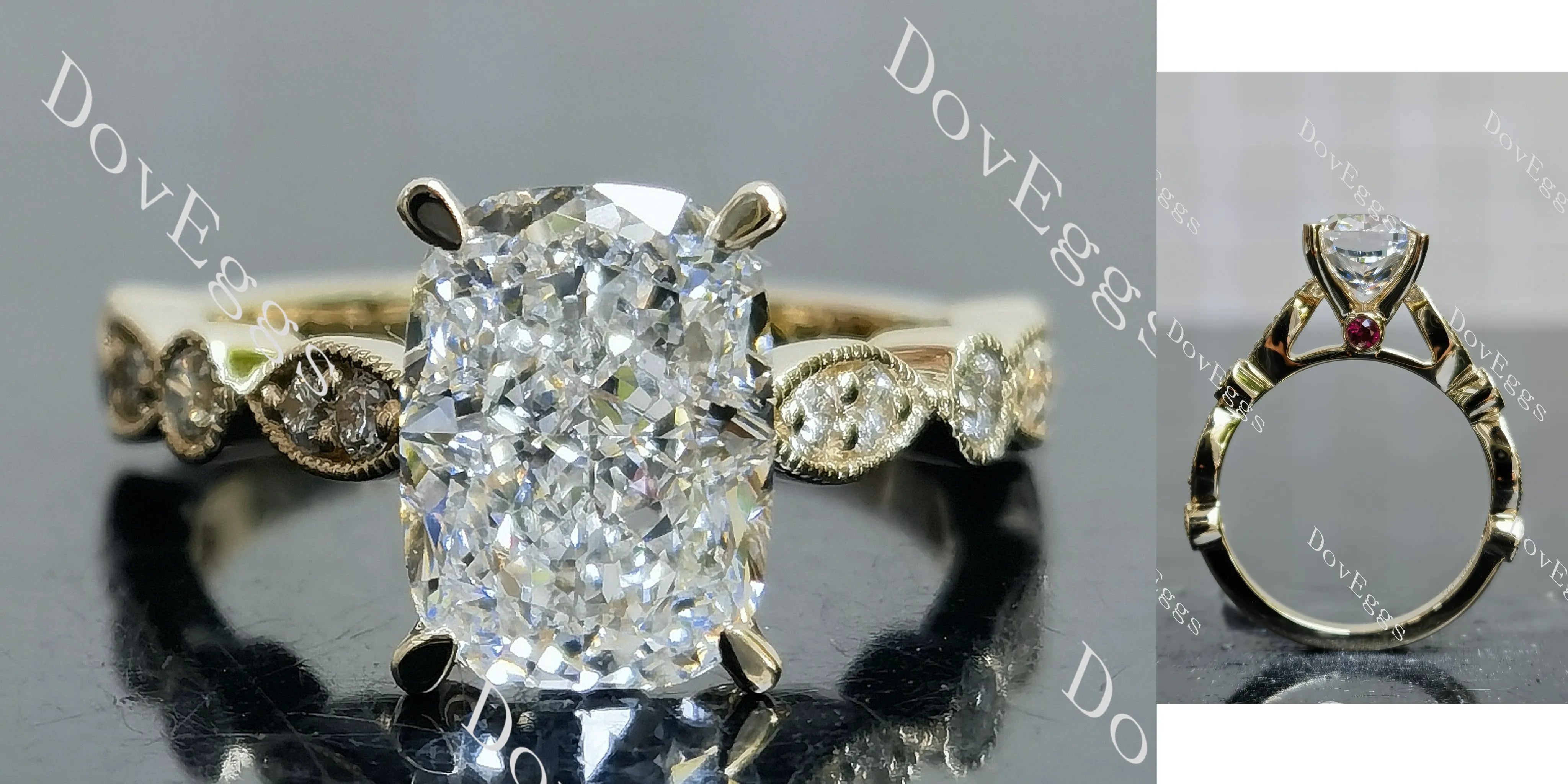 Cushion side stones moissanite engagement ring| DovEggs