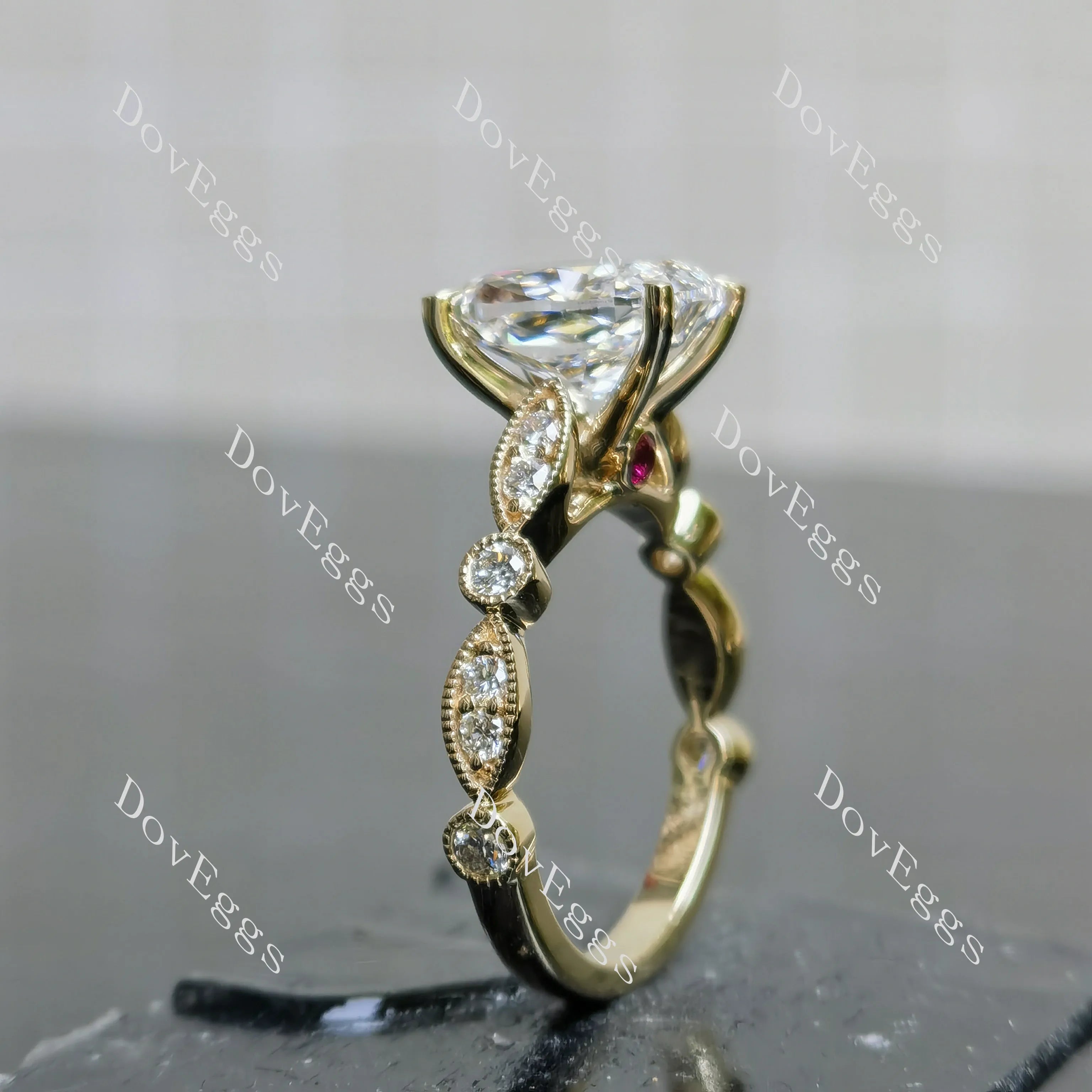 Cushion side stones moissanite engagement ring| DovEggs