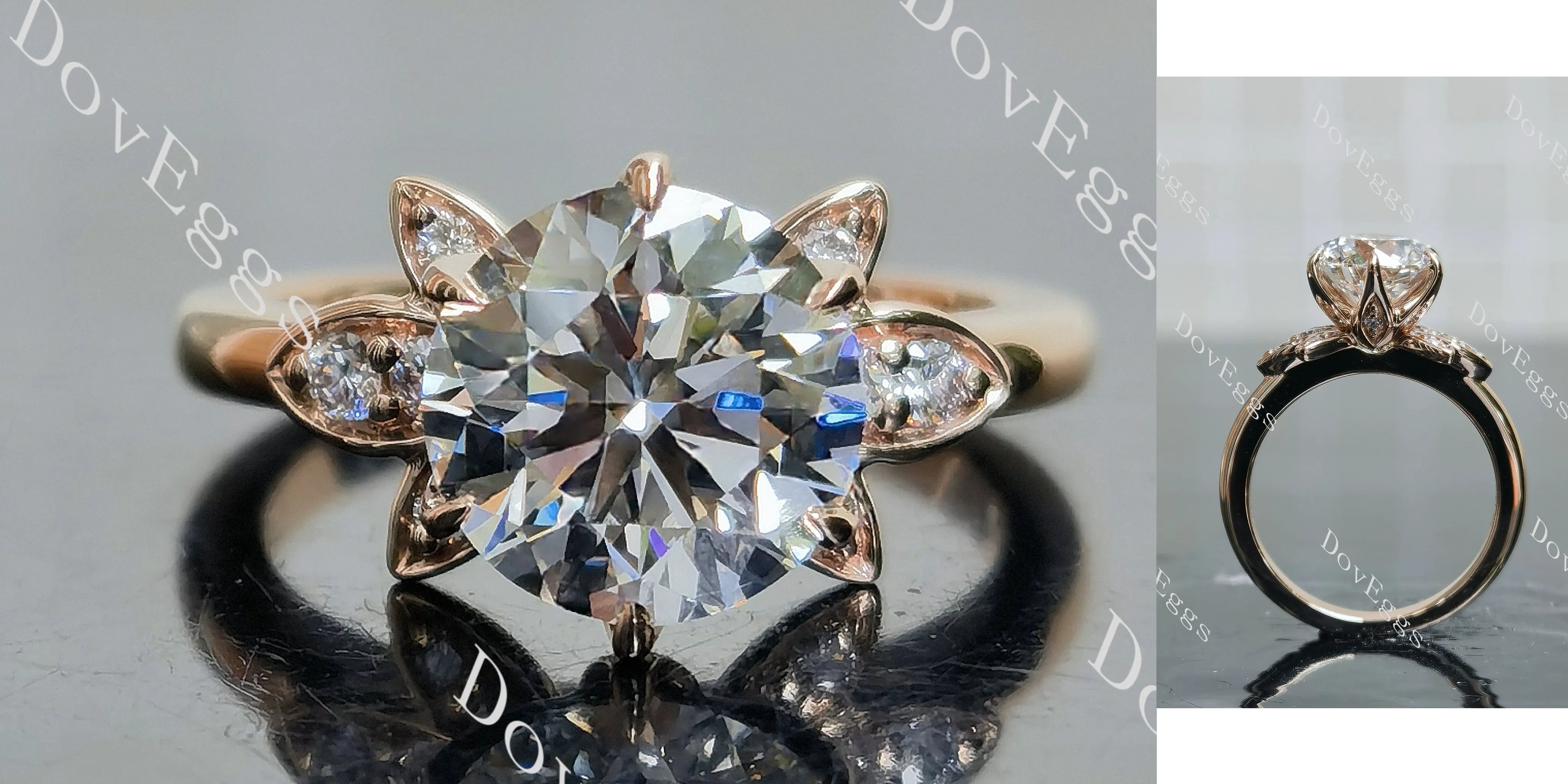 Round floral art deco moissanite engagement ring| DovEggs