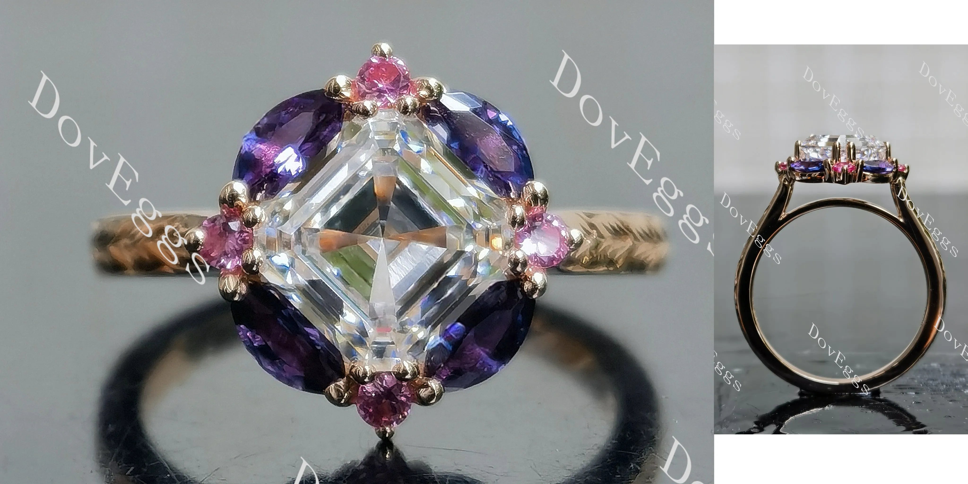 Summer Sunsets-Asscher halo carved vintage moissanite engagement ring| DovEggs