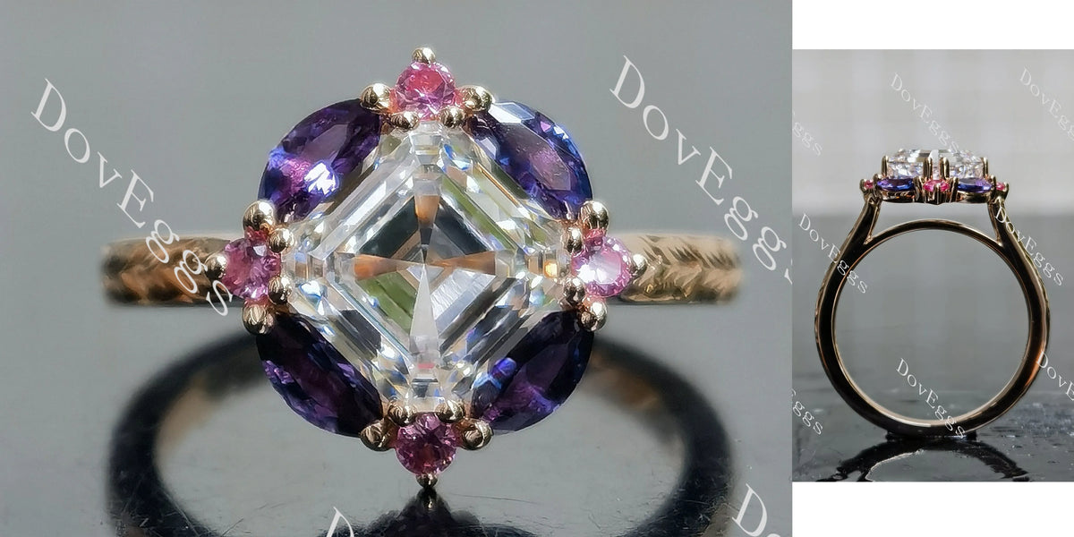 Summer Sunsets-Asscher halo carved vintage moissanite engagement ring| DovEggs