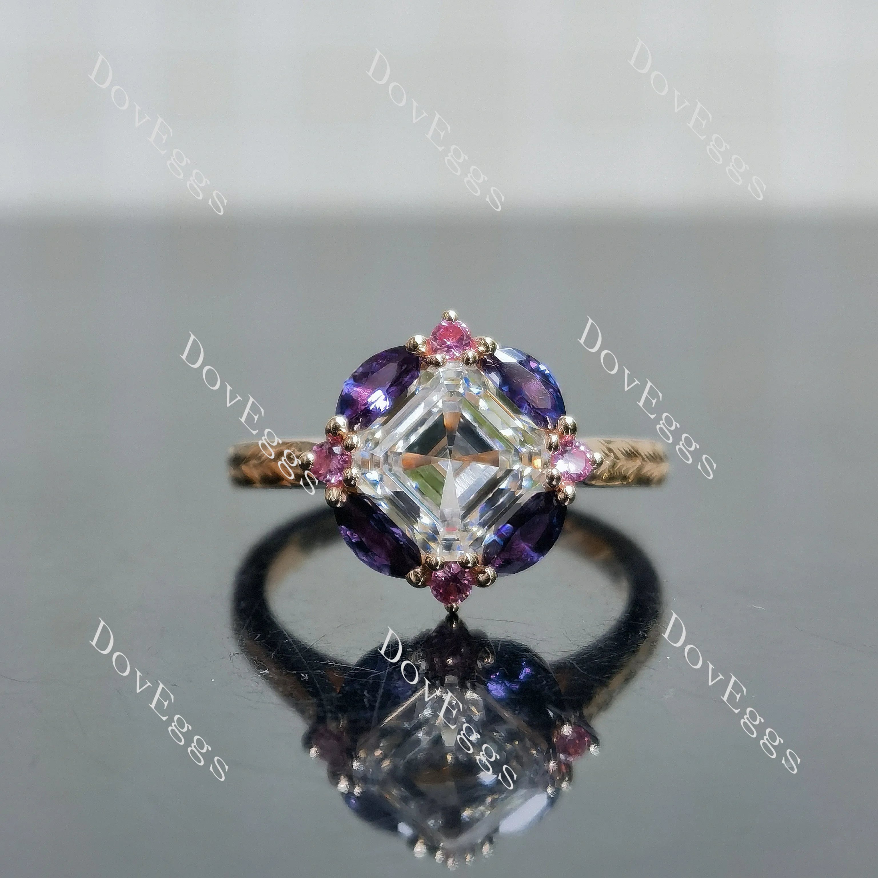 Summer Sunsets-Asscher halo carved vintage moissanite engagement ring| DovEggs