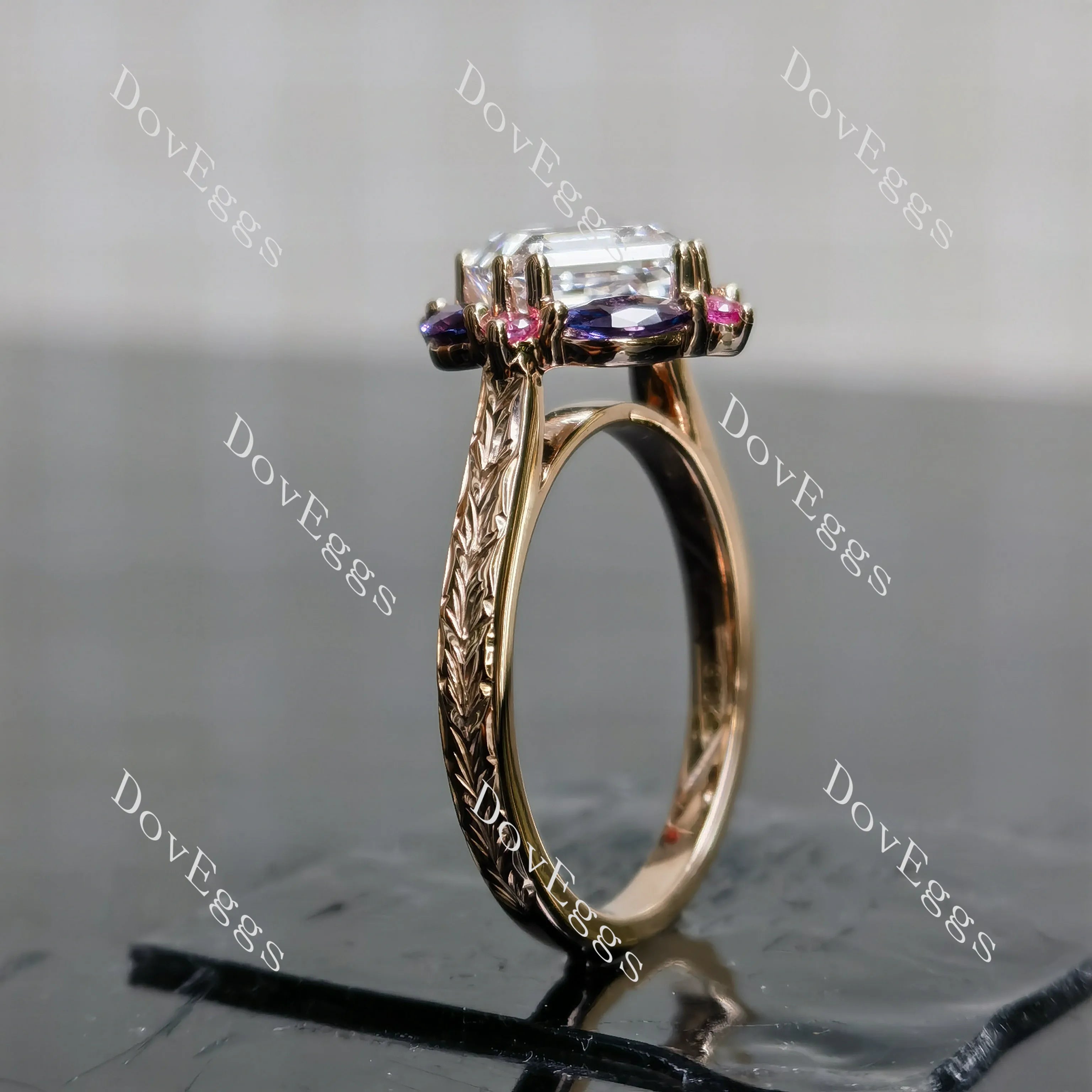 Summer Sunsets-Asscher halo carved vintage moissanite engagement ring| DovEggs