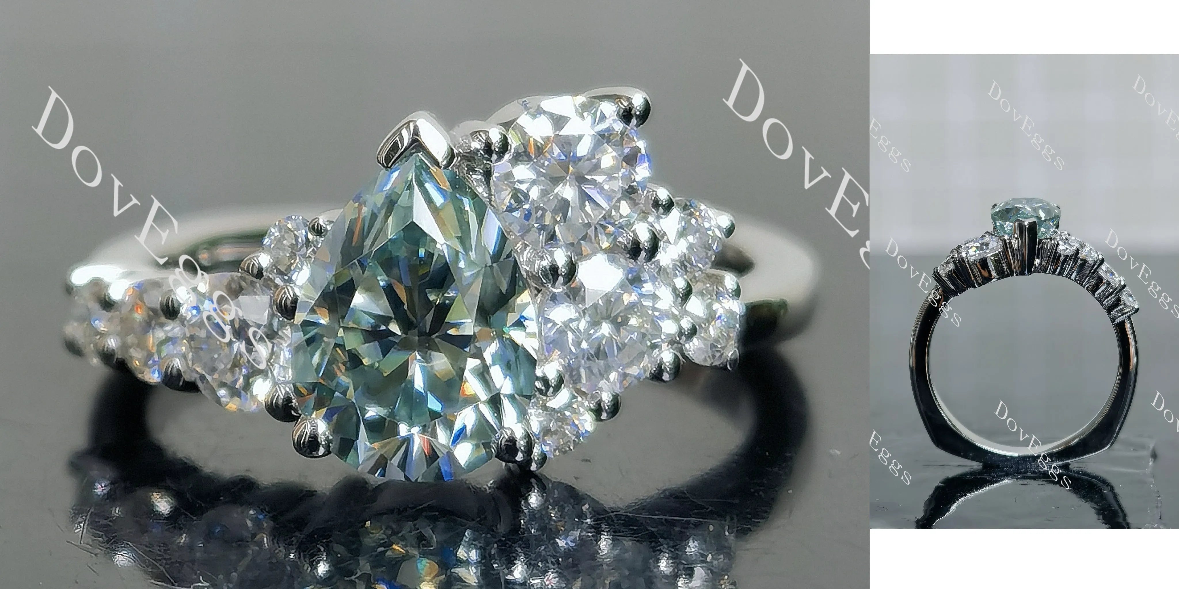 Pear side stones colored moissanite engagement ring| DovEggs