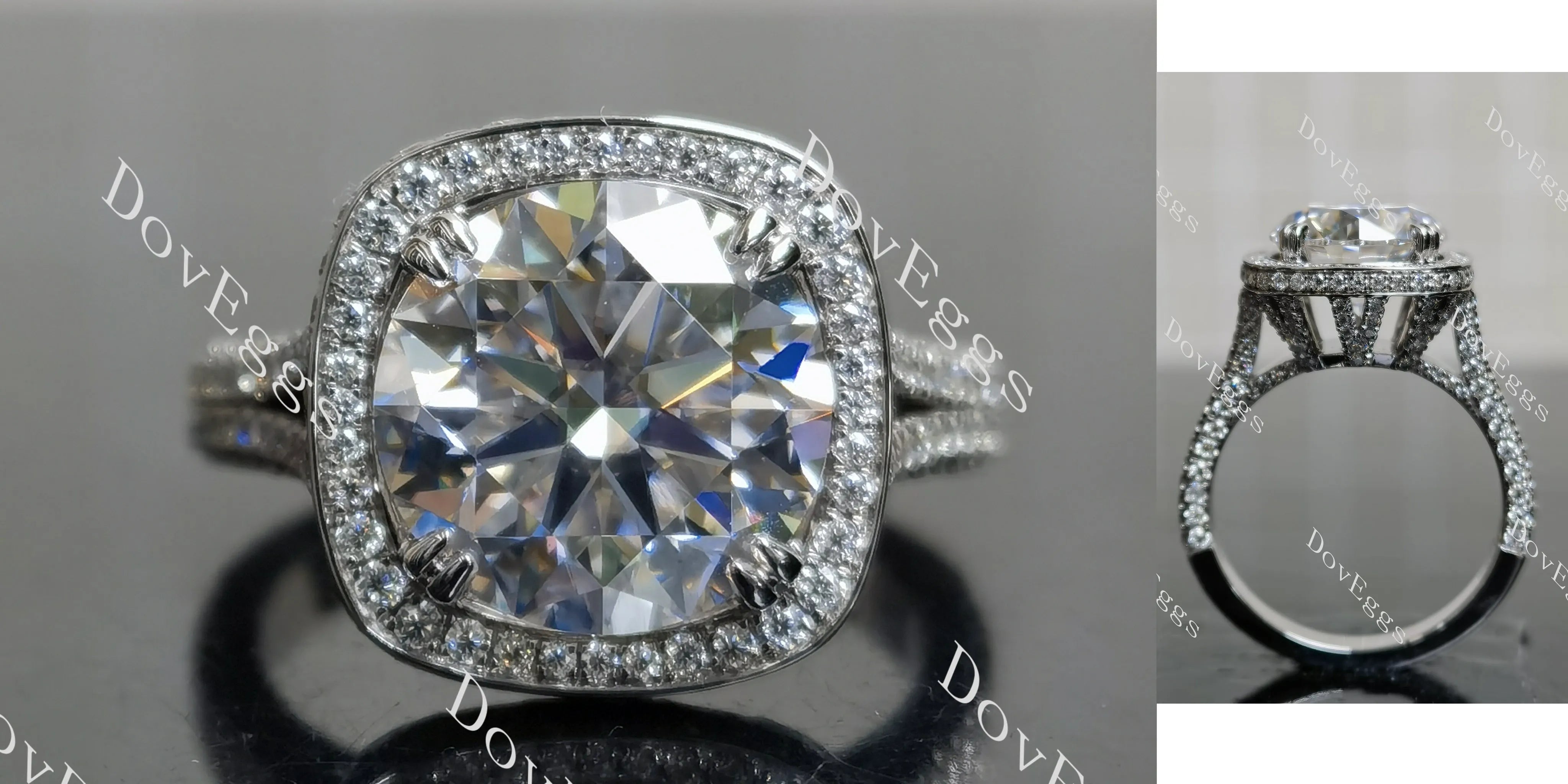 Round halo pave split shanks moissanite engagement ring| DovEggs