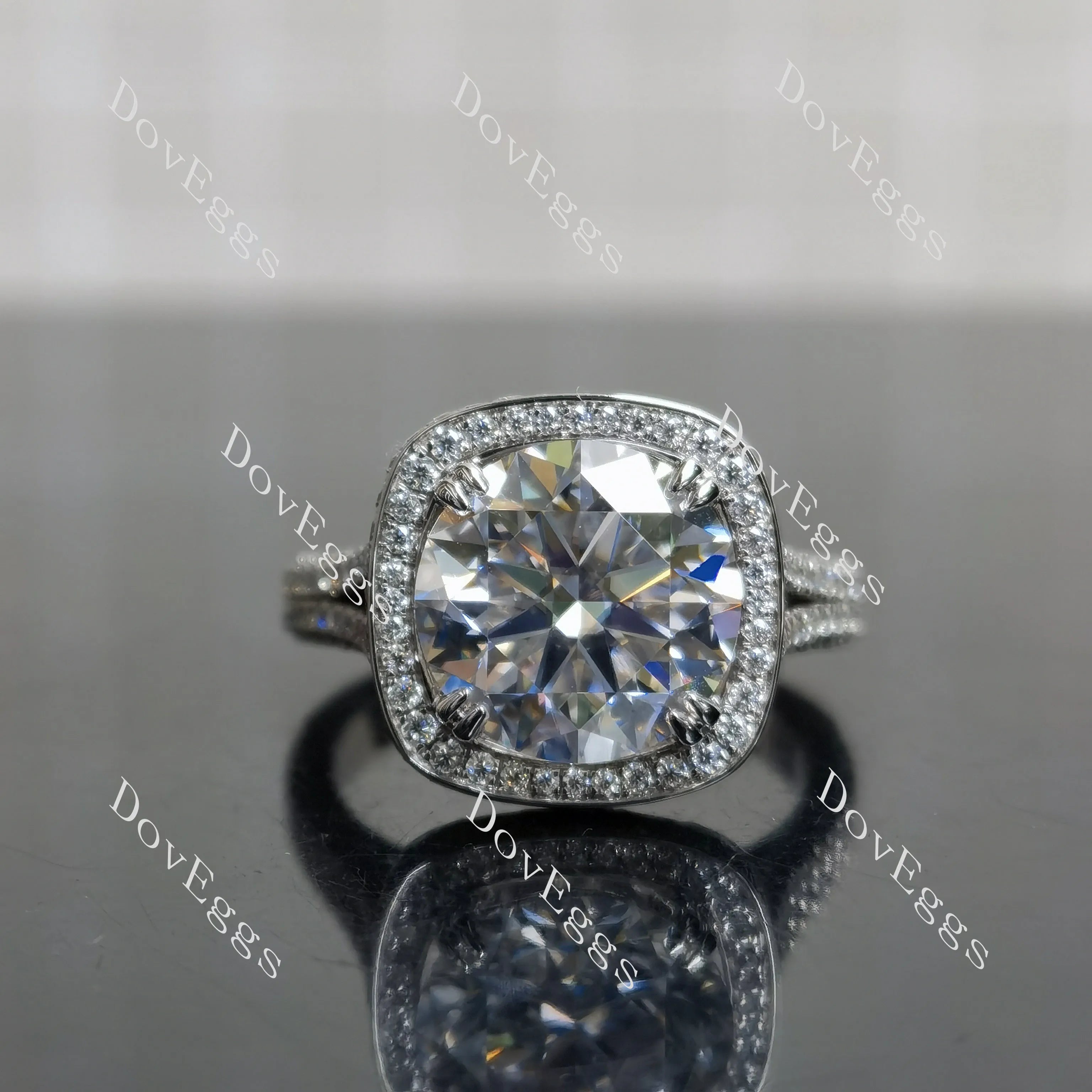 Round halo pave split shanks moissanite engagement ring| DovEggs
