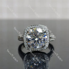 Round halo pave split shanks moissanite engagement ring| DovEggs
