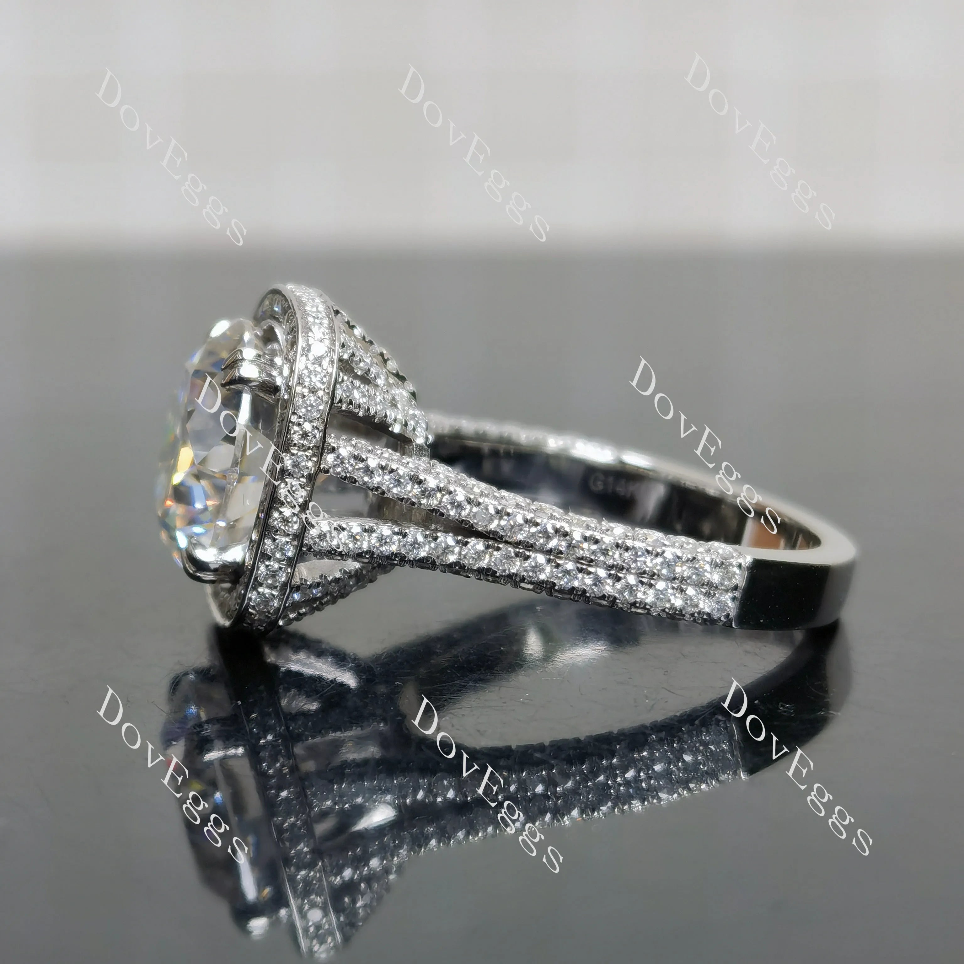 Round halo pave split shanks moissanite engagement ring| DovEggs