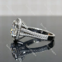 Round halo pave split shanks moissanite engagement ring| DovEggs