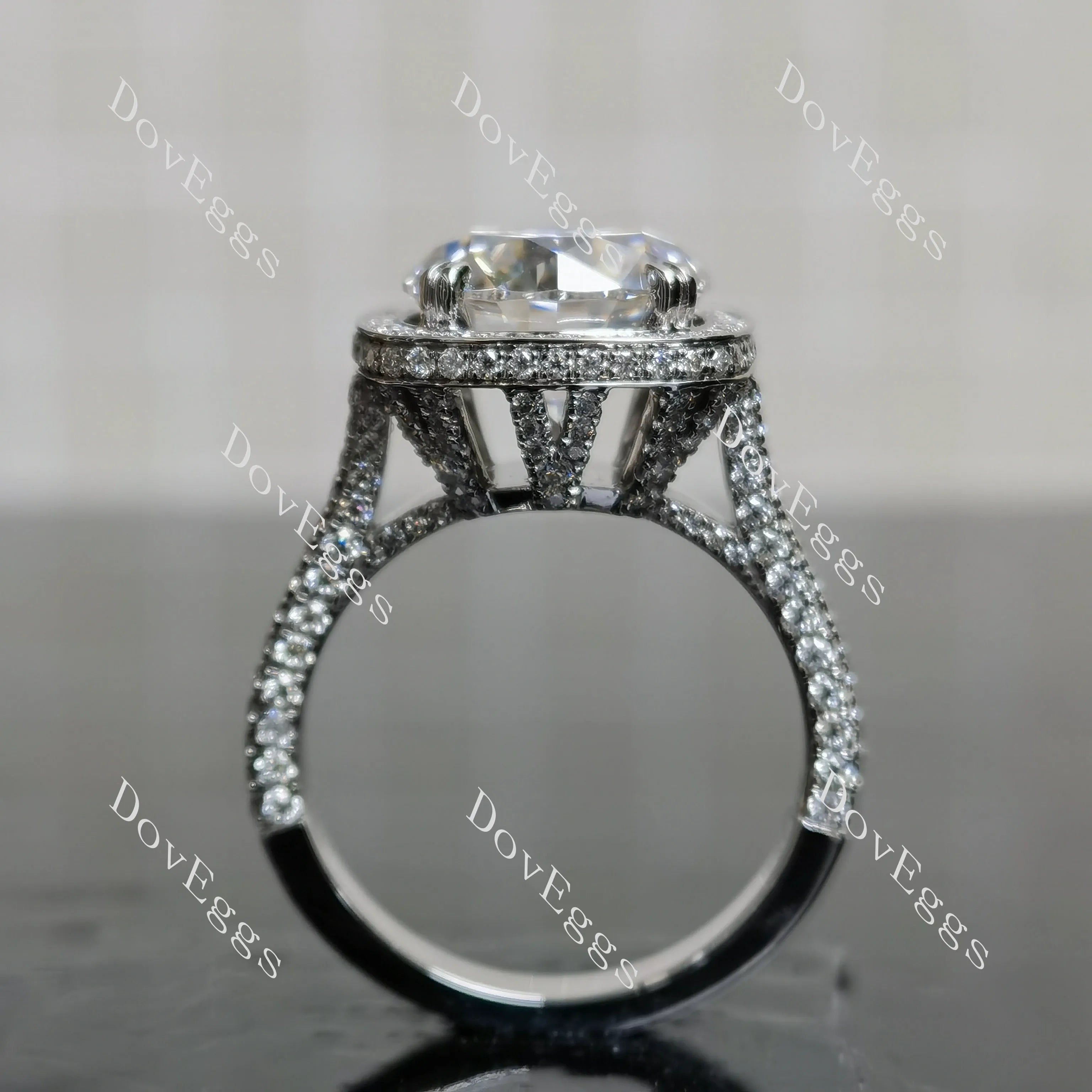 Round halo pave split shanks moissanite engagement ring| DovEggs