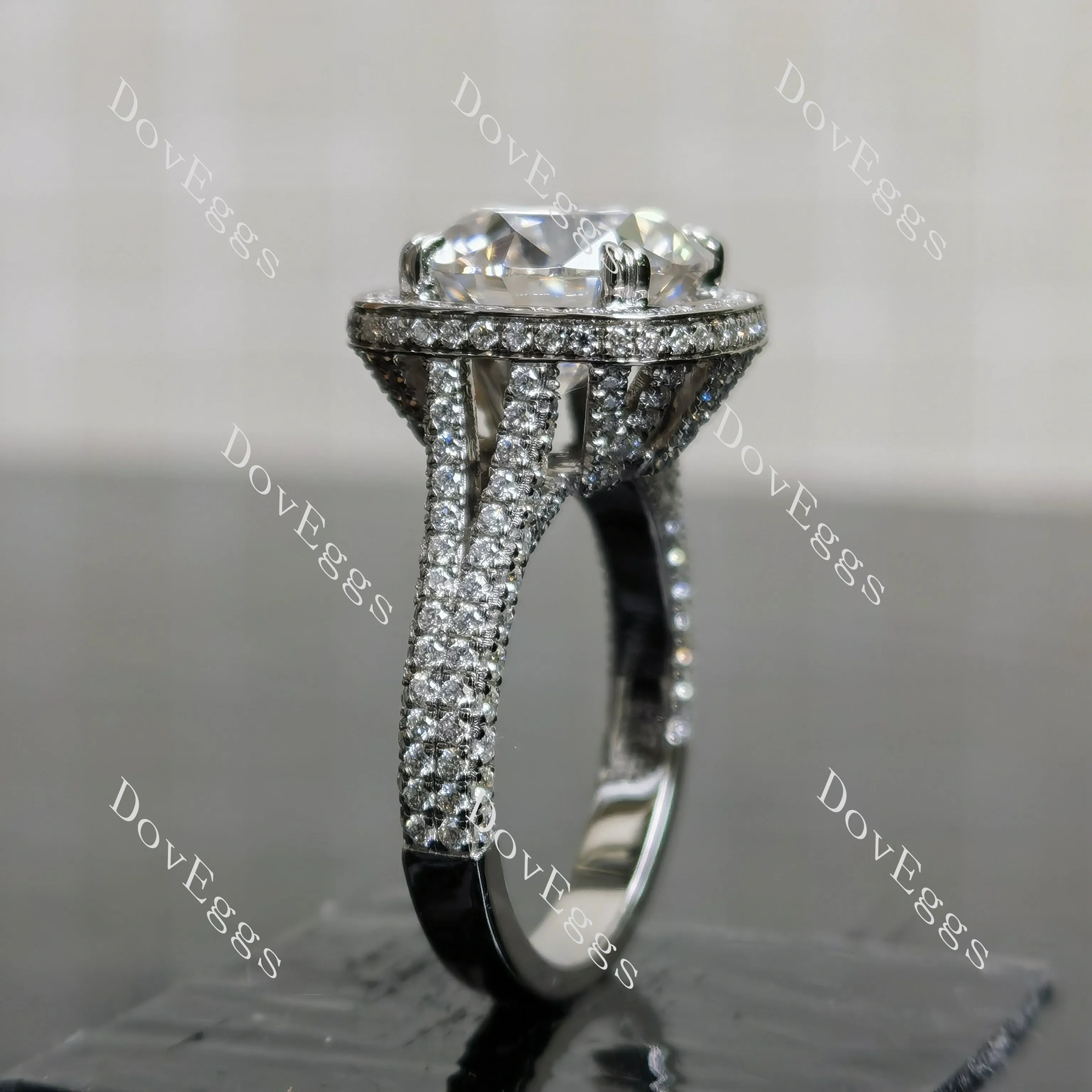 Round halo pave split shanks moissanite engagement ring| DovEggs