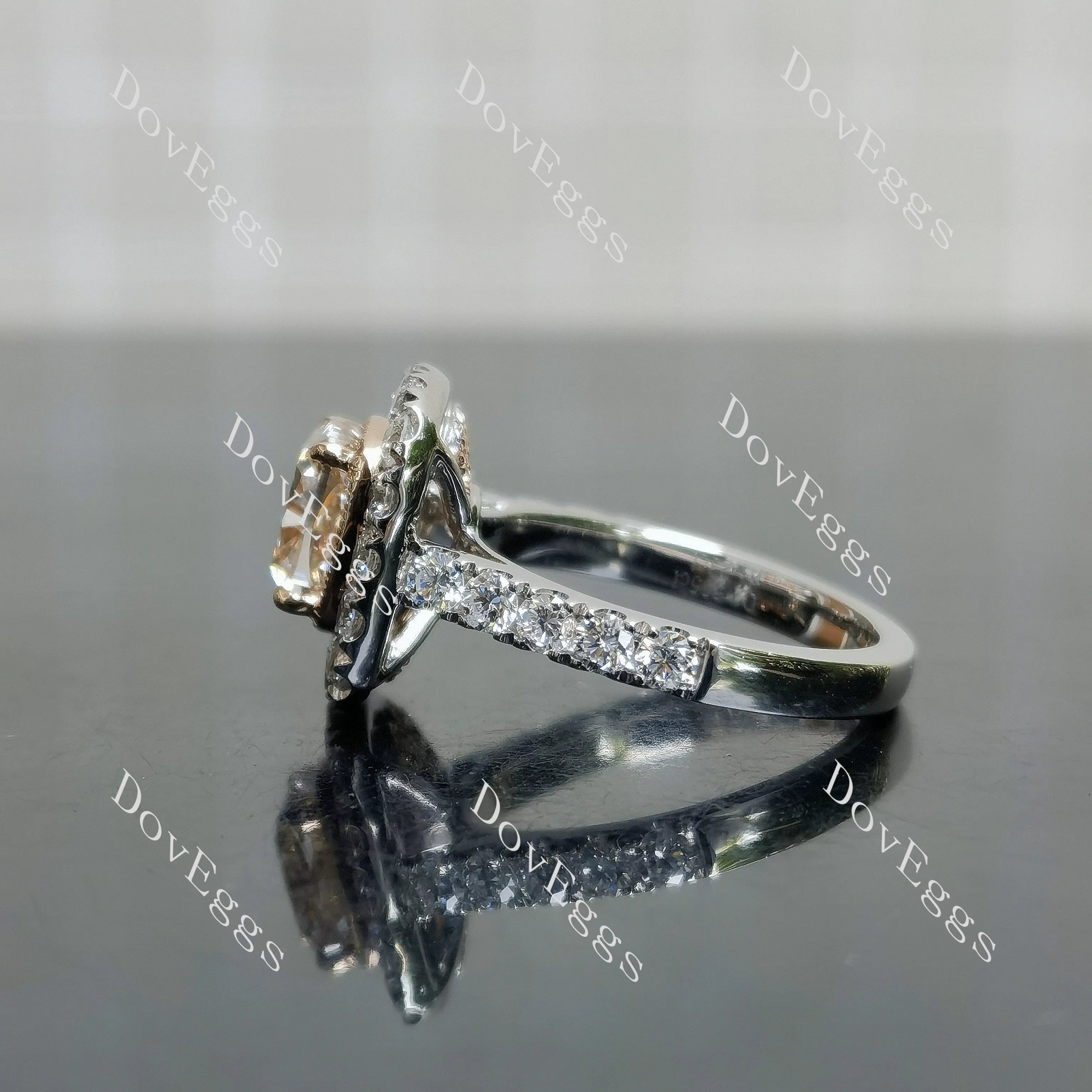 Pink Rose-Cushion bezel halo half eternity moissanite engagement ring| DovEggs
