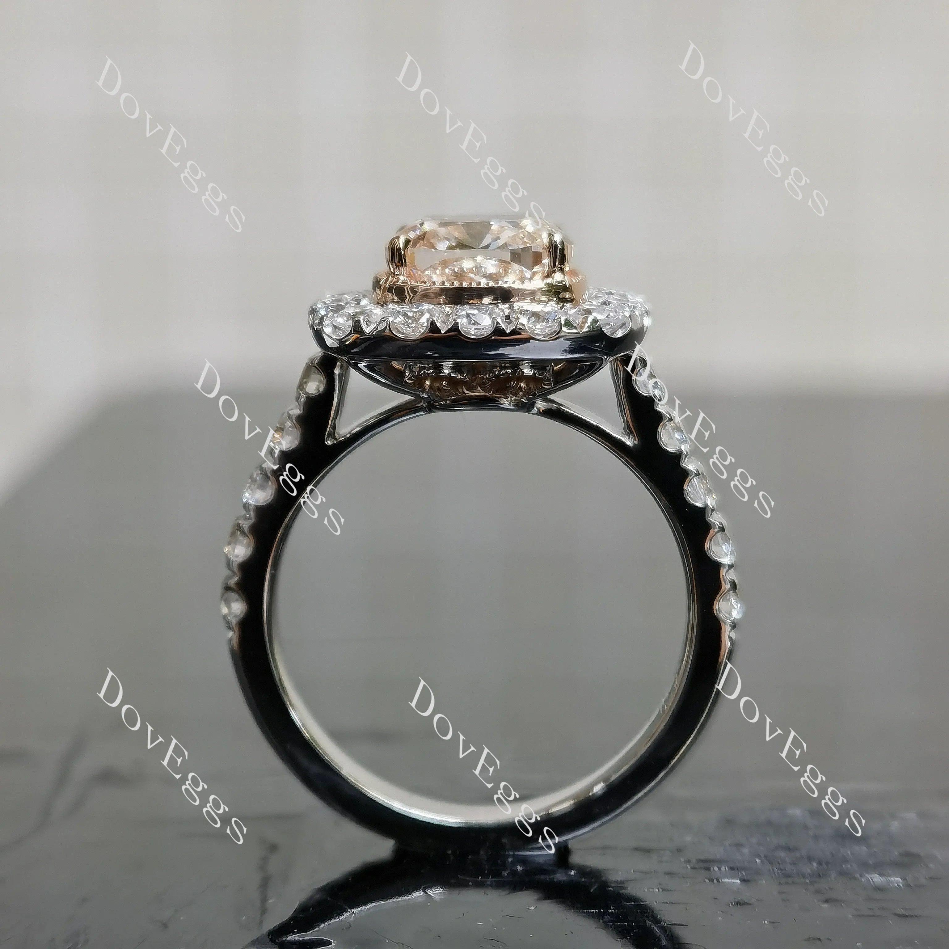 Pink Rose-Cushion bezel halo half eternity moissanite engagement ring| DovEggs