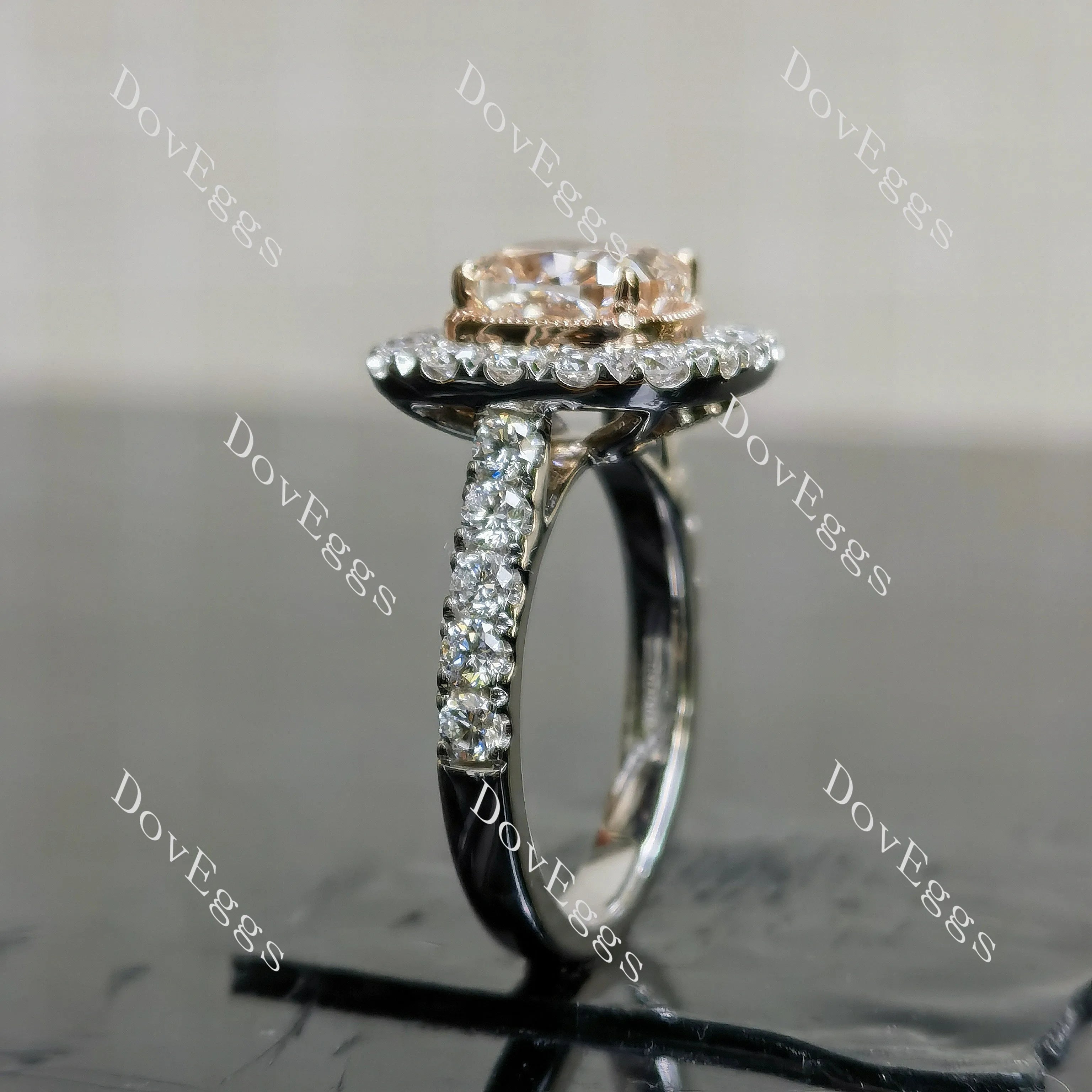 Pink Rose-Cushion bezel halo half eternity moissanite engagement ring| DovEggs