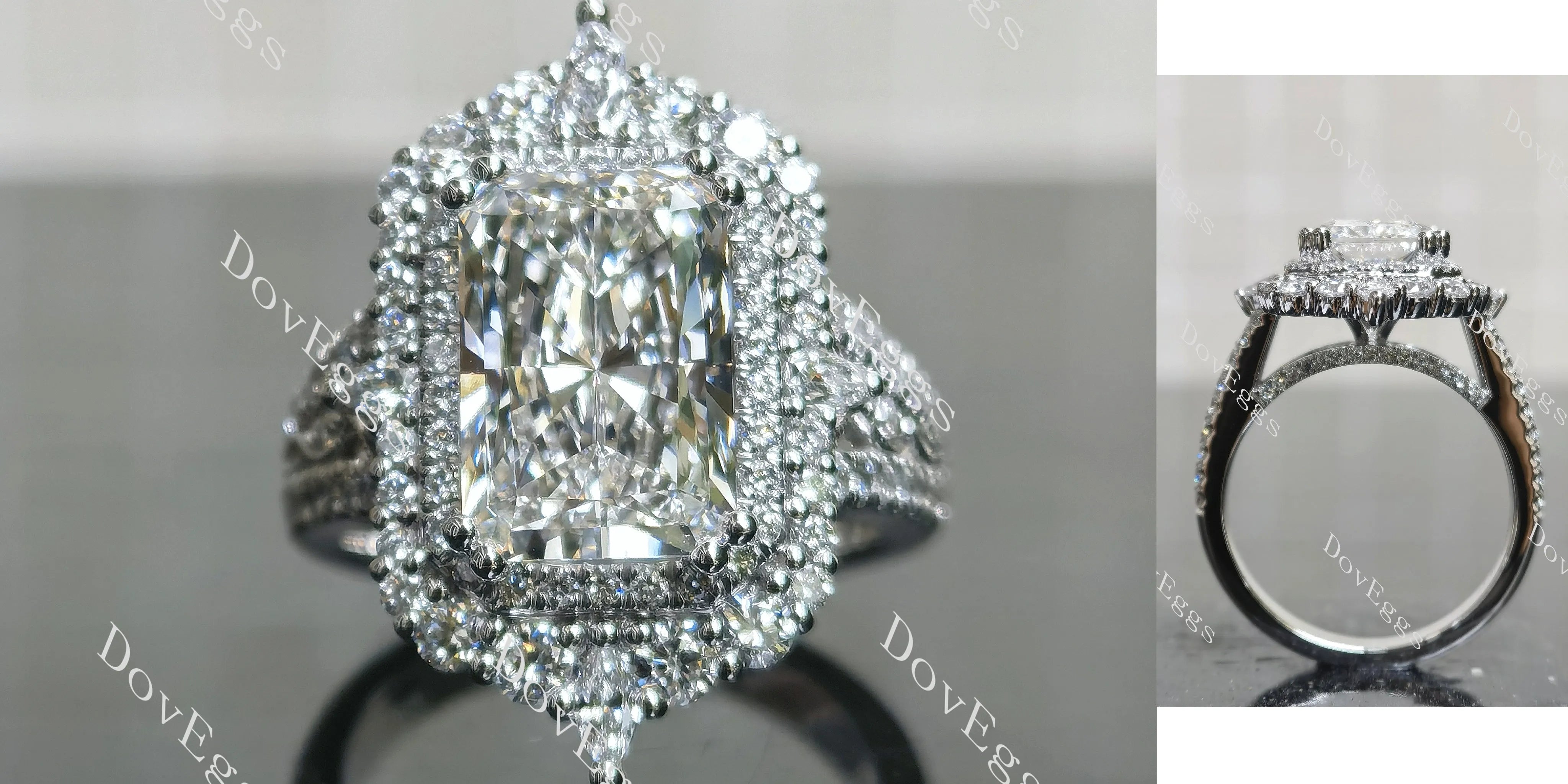 Radiant halo pave vintage moissanite engagement ring| DovEggs