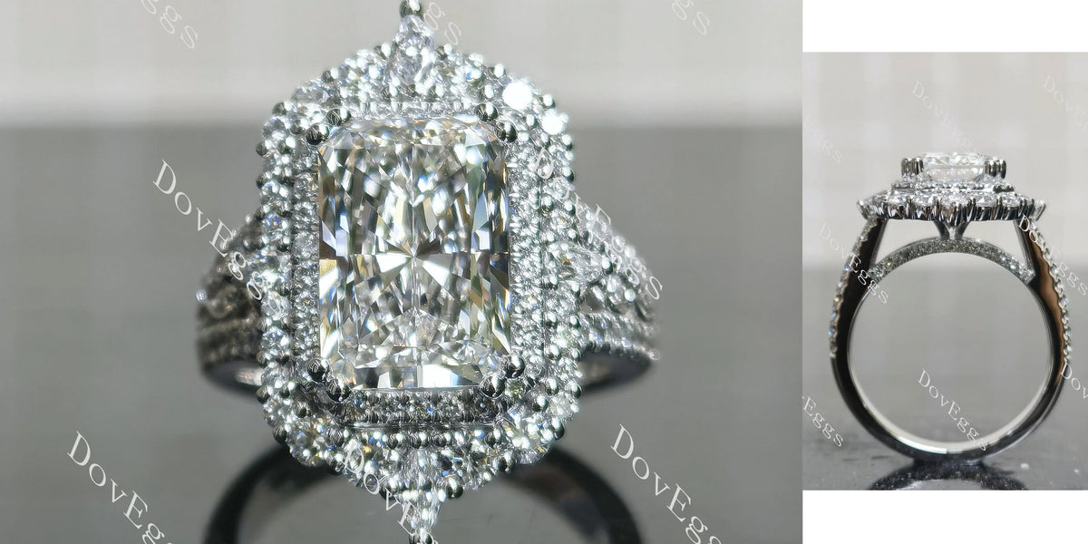 Radiant halo pave vintage moissanite engagement ring| DovEggs