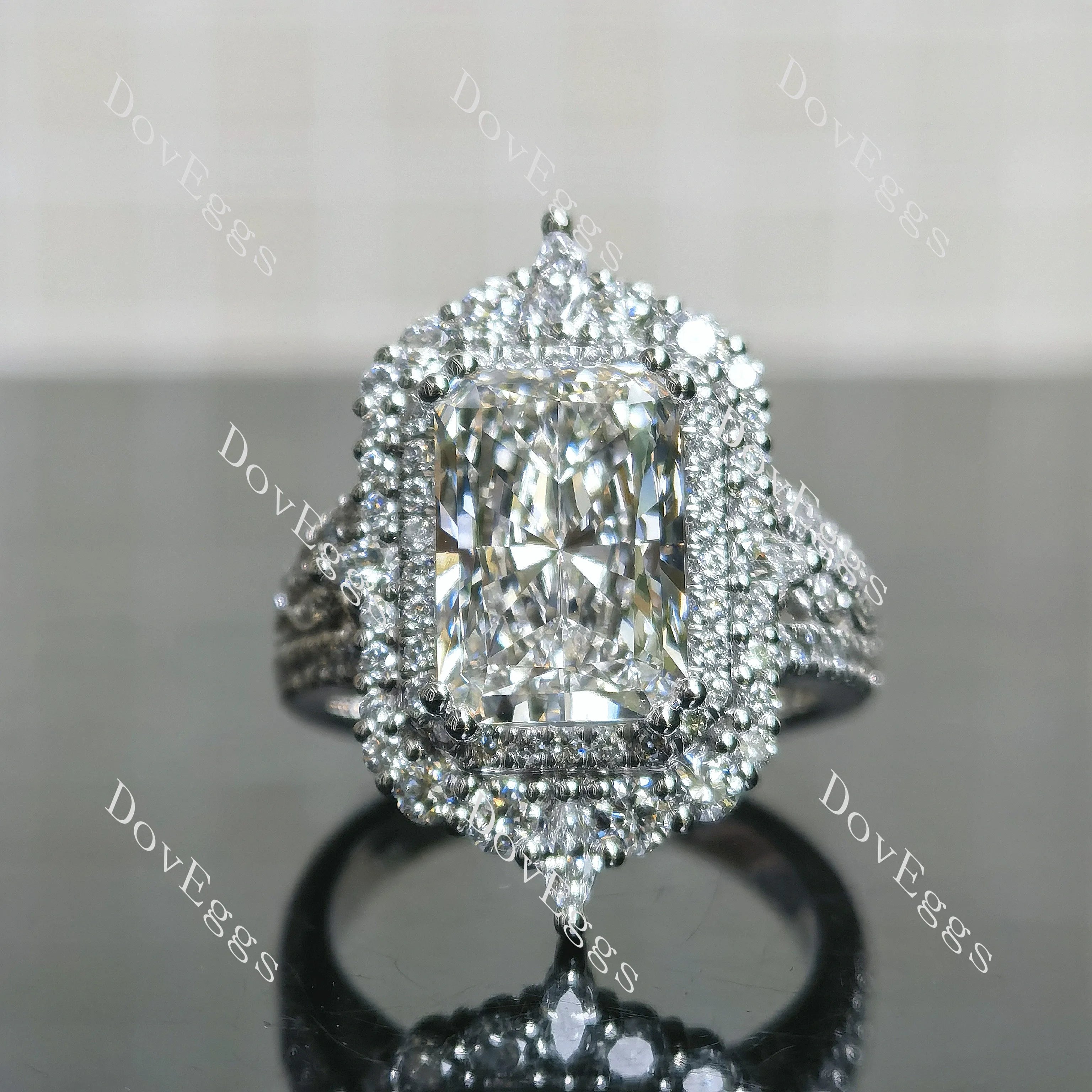 Radiant halo pave vintage moissanite engagement ring| DovEggs
