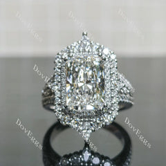 Radiant halo pave vintage moissanite engagement ring| DovEggs