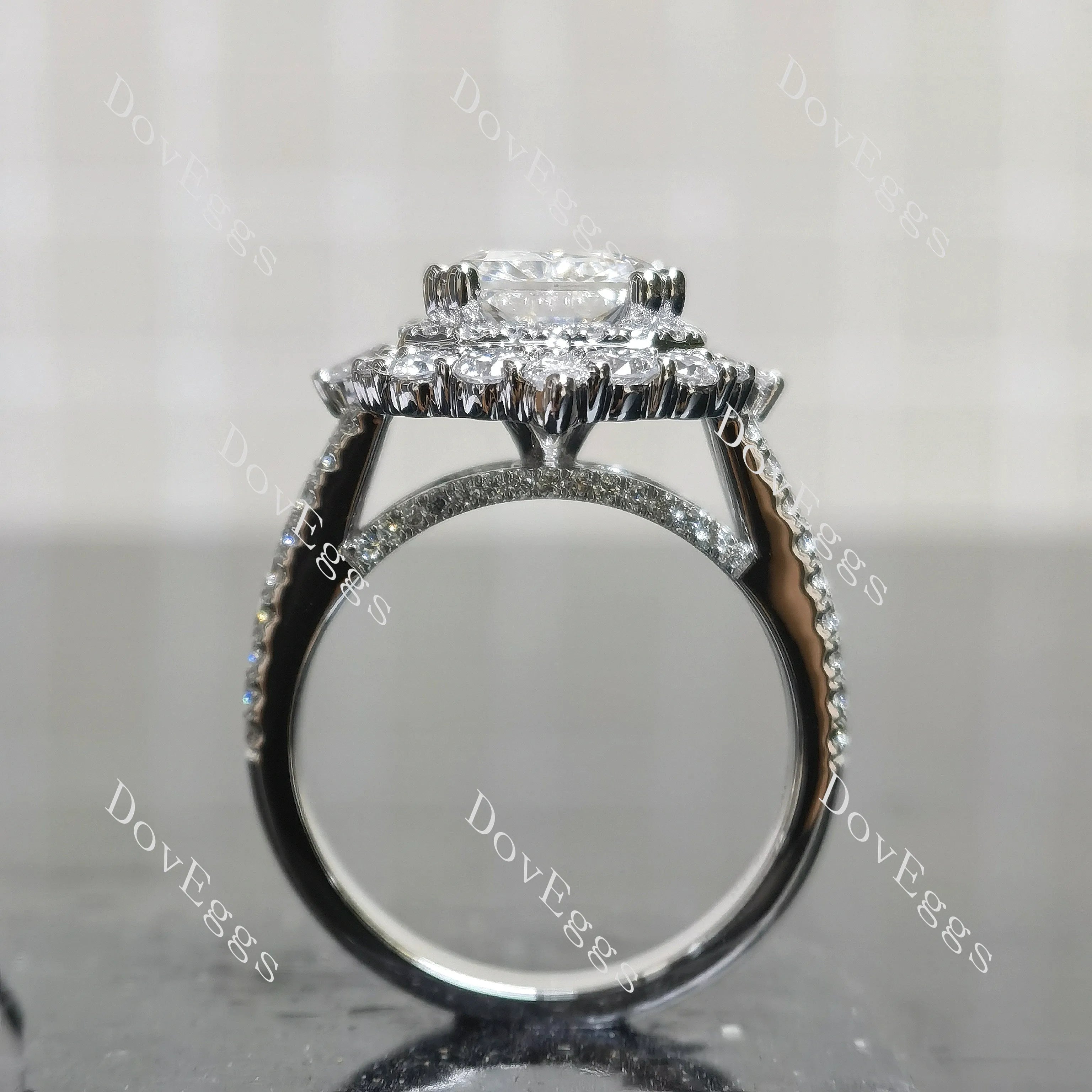 Radiant halo pave vintage moissanite engagement ring| DovEggs