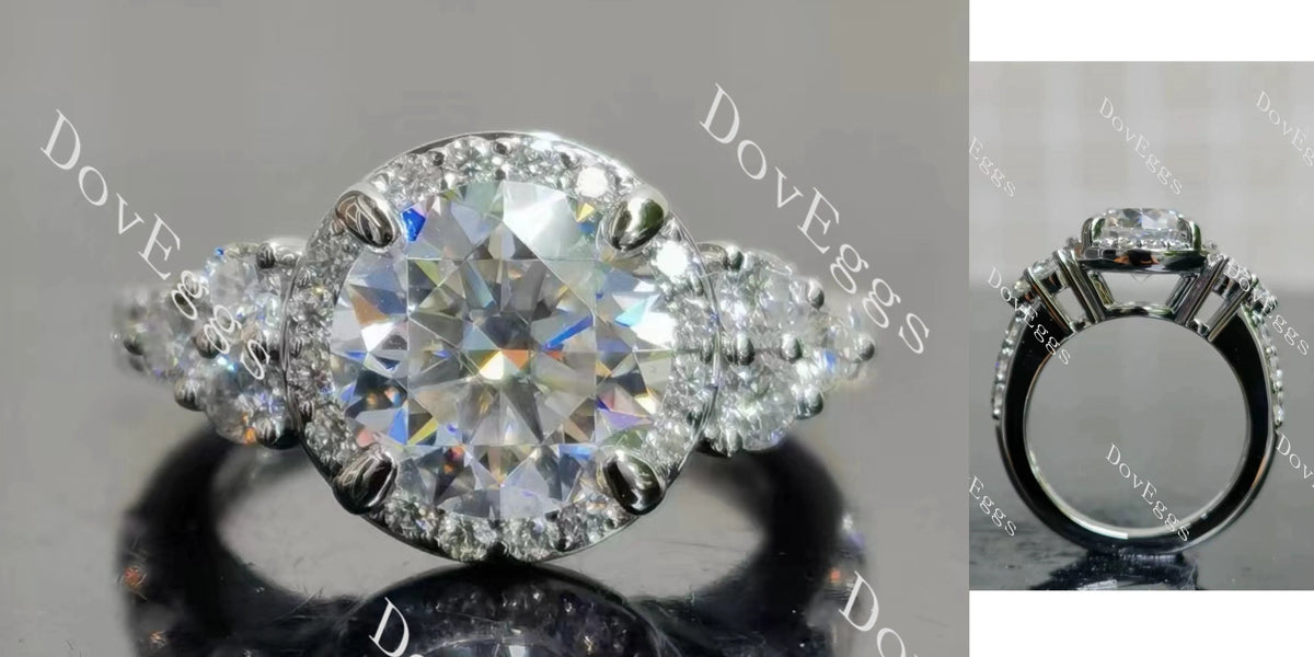 Round halo side stones moissanite engagement ring| DovEggs