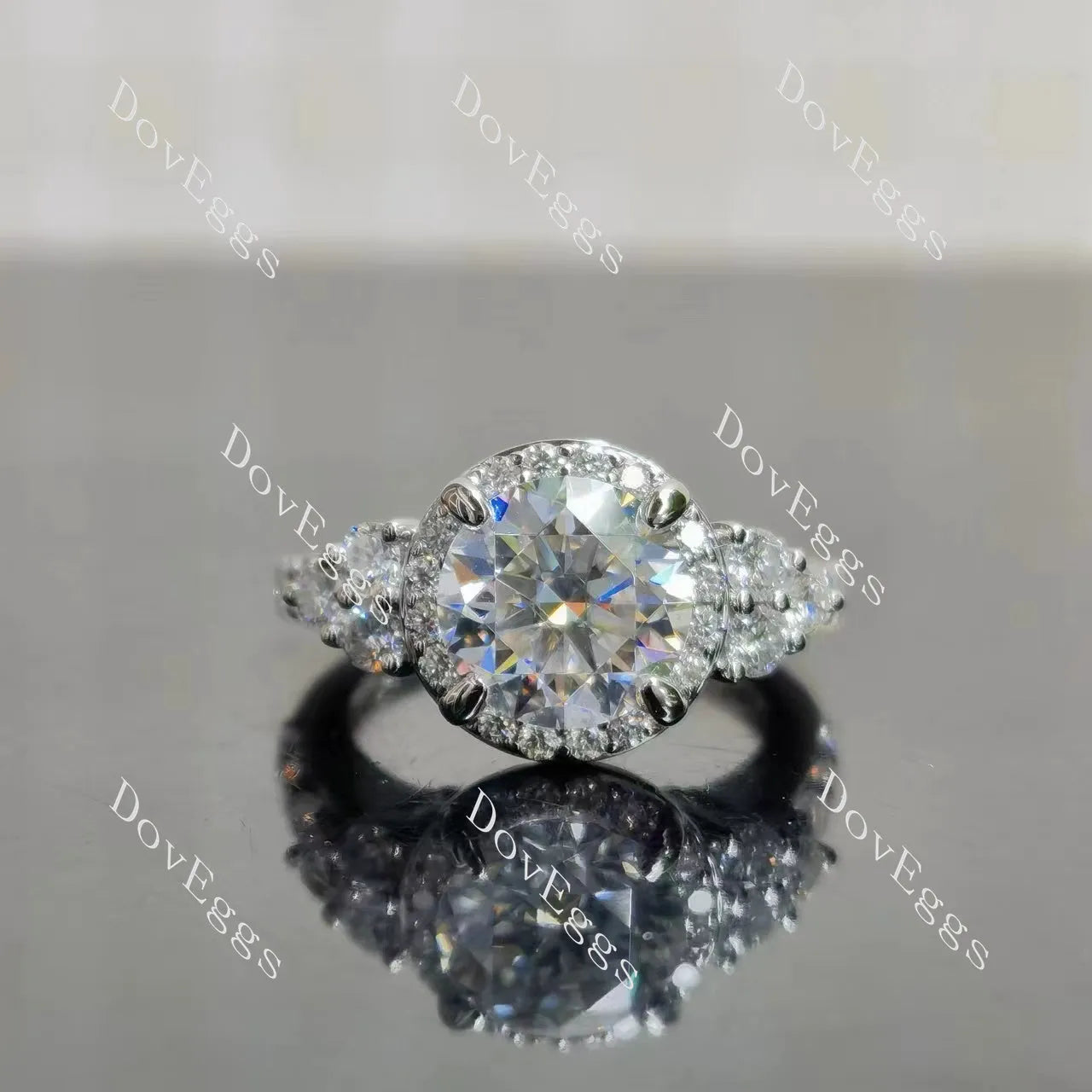 Round halo side stones moissanite engagement ring| DovEggs