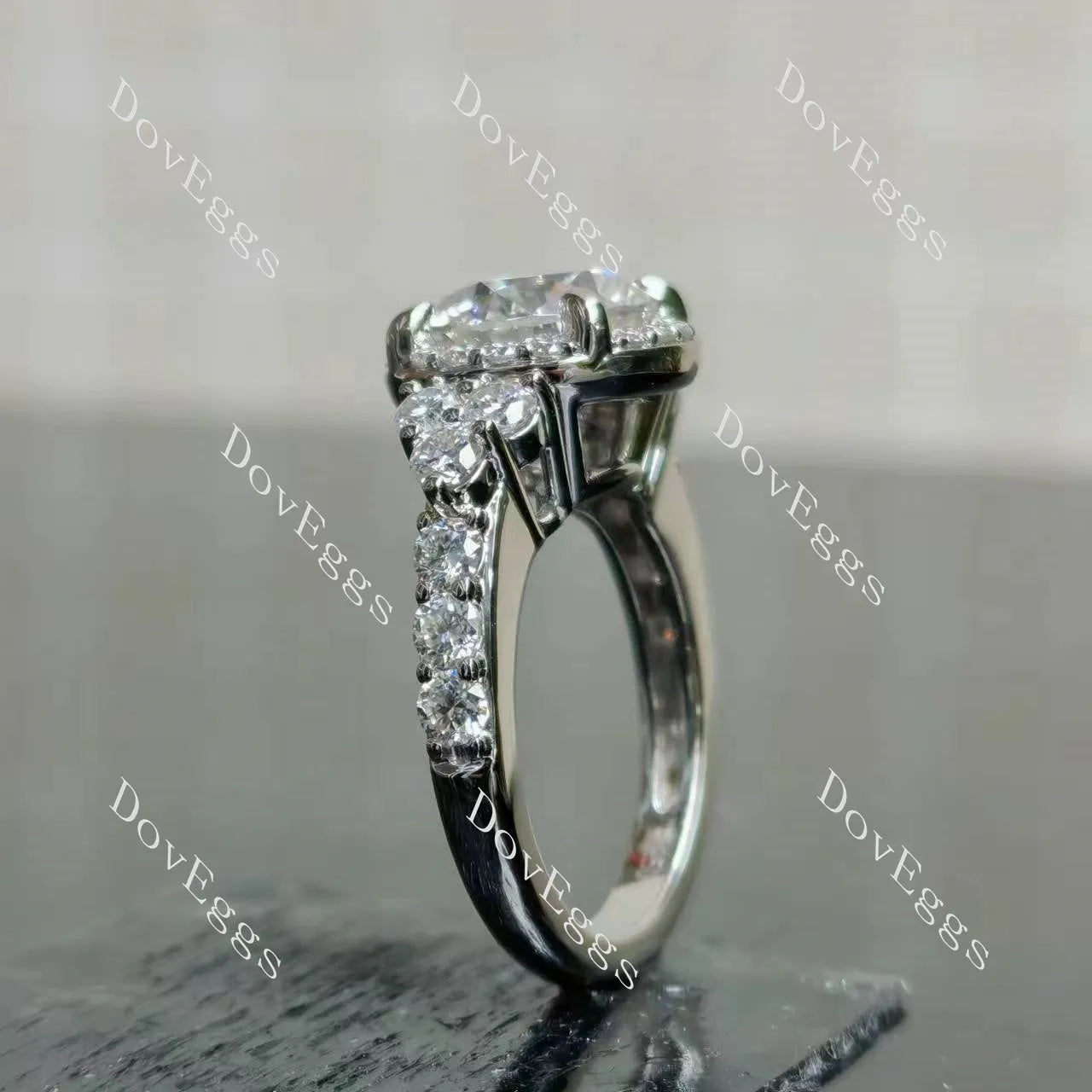 Round halo side stones moissanite engagement ring| DovEggs