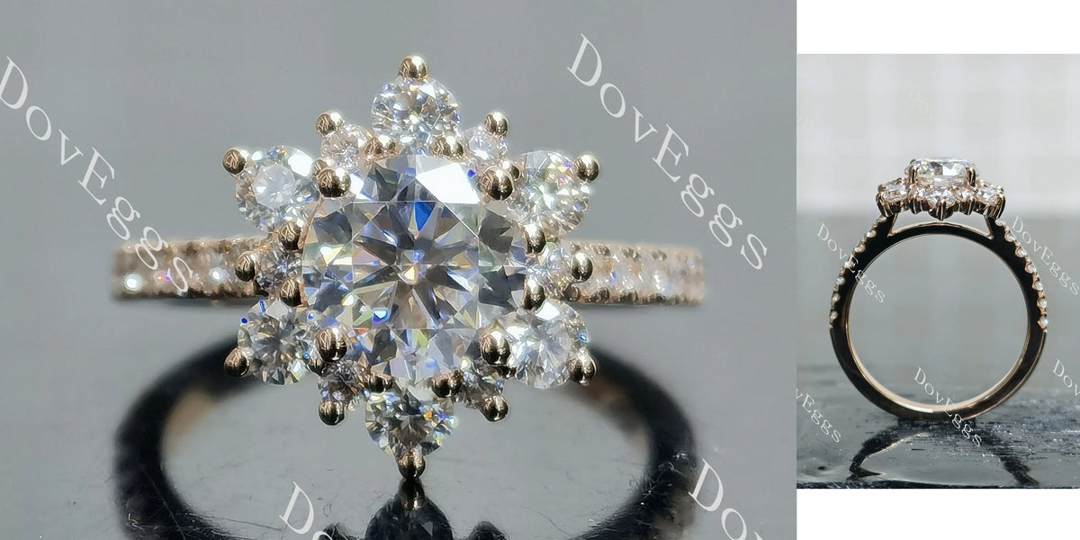 Round floral half eternity moissanite engagement ring| DovEggs