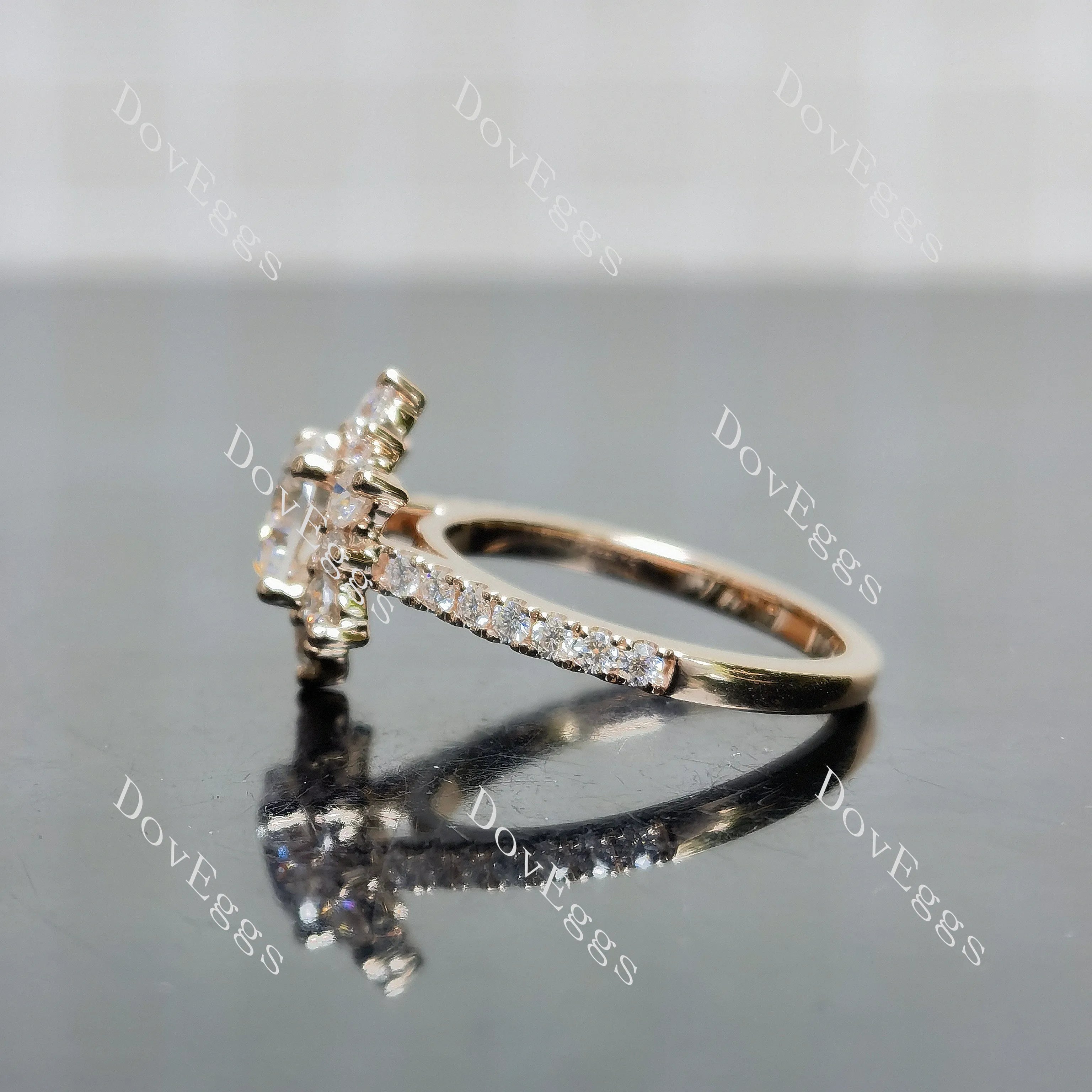 Round floral half eternity moissanite engagement ring| DovEggs