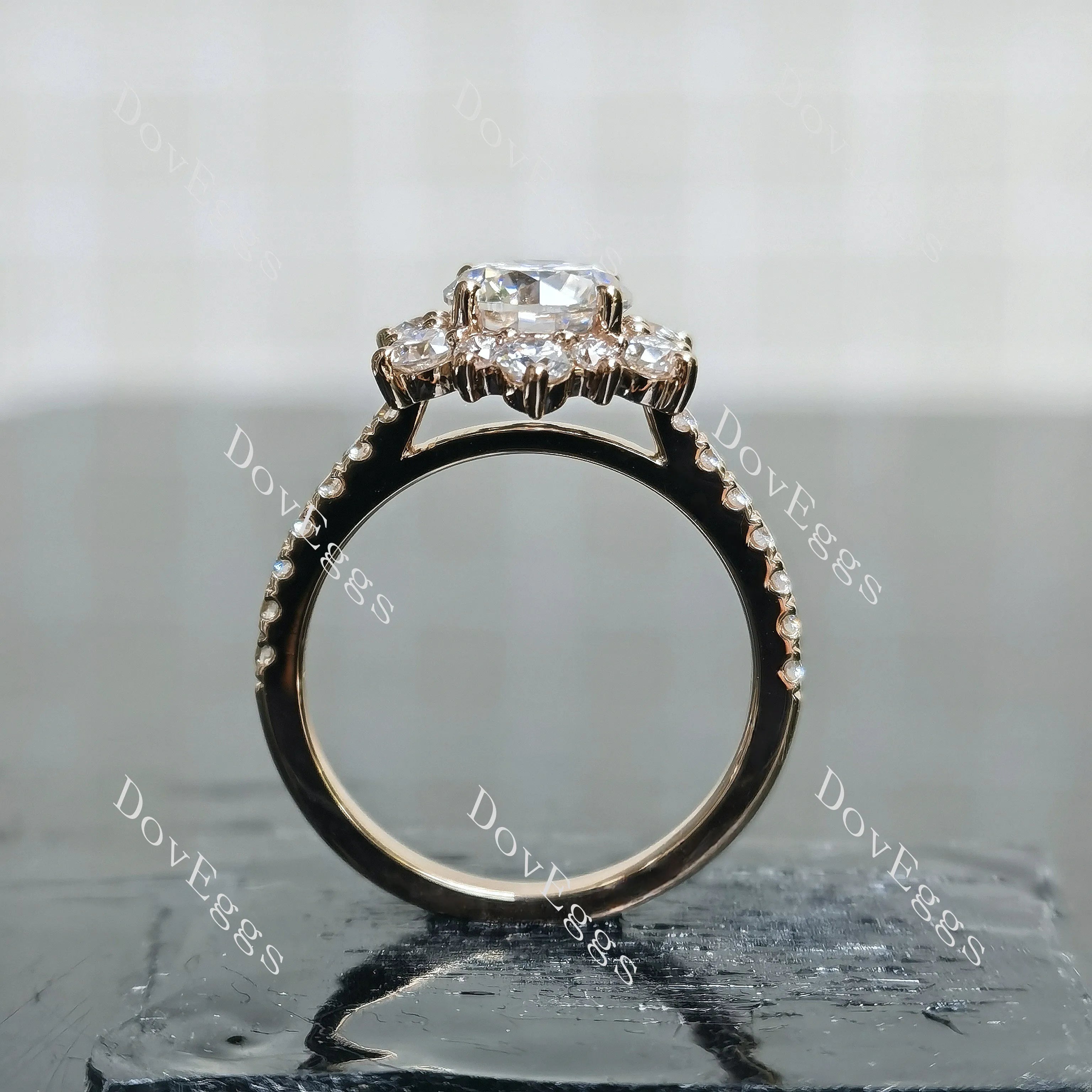 Round floral half eternity moissanite engagement ring| DovEggs