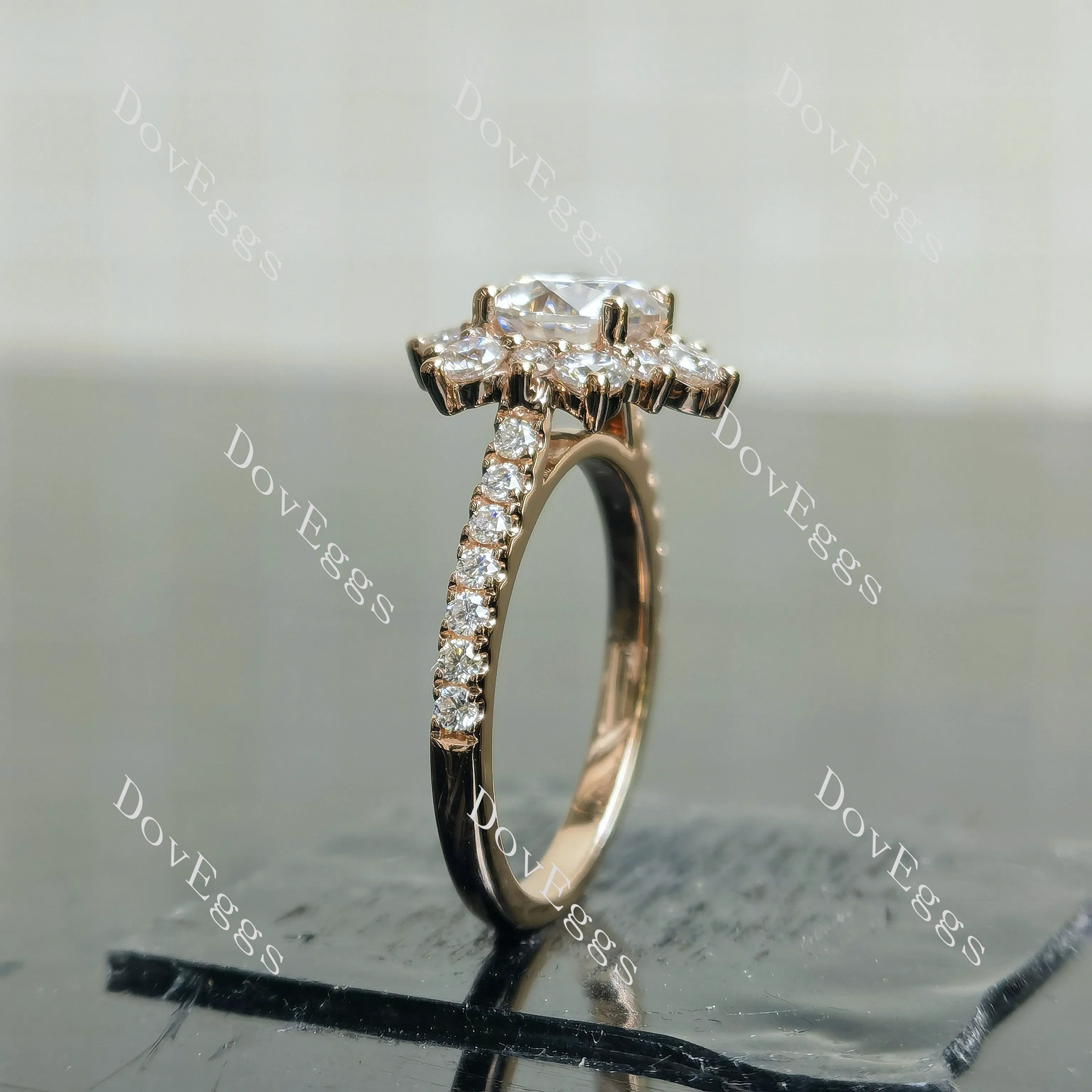Round floral half eternity moissanite engagement ring| DovEggs