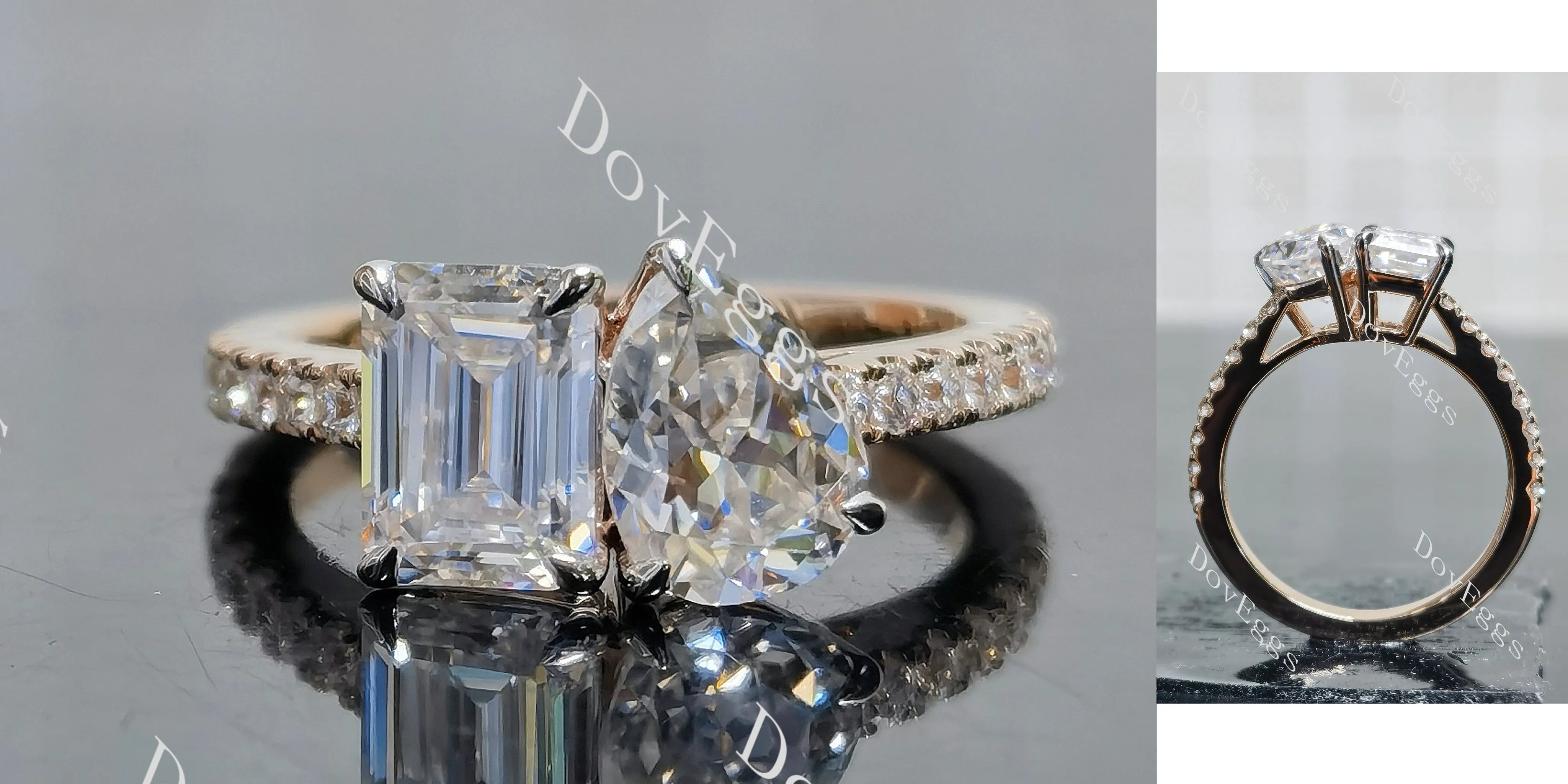 Pear emerald pave two stones moissanite engagement ring| DovEggs