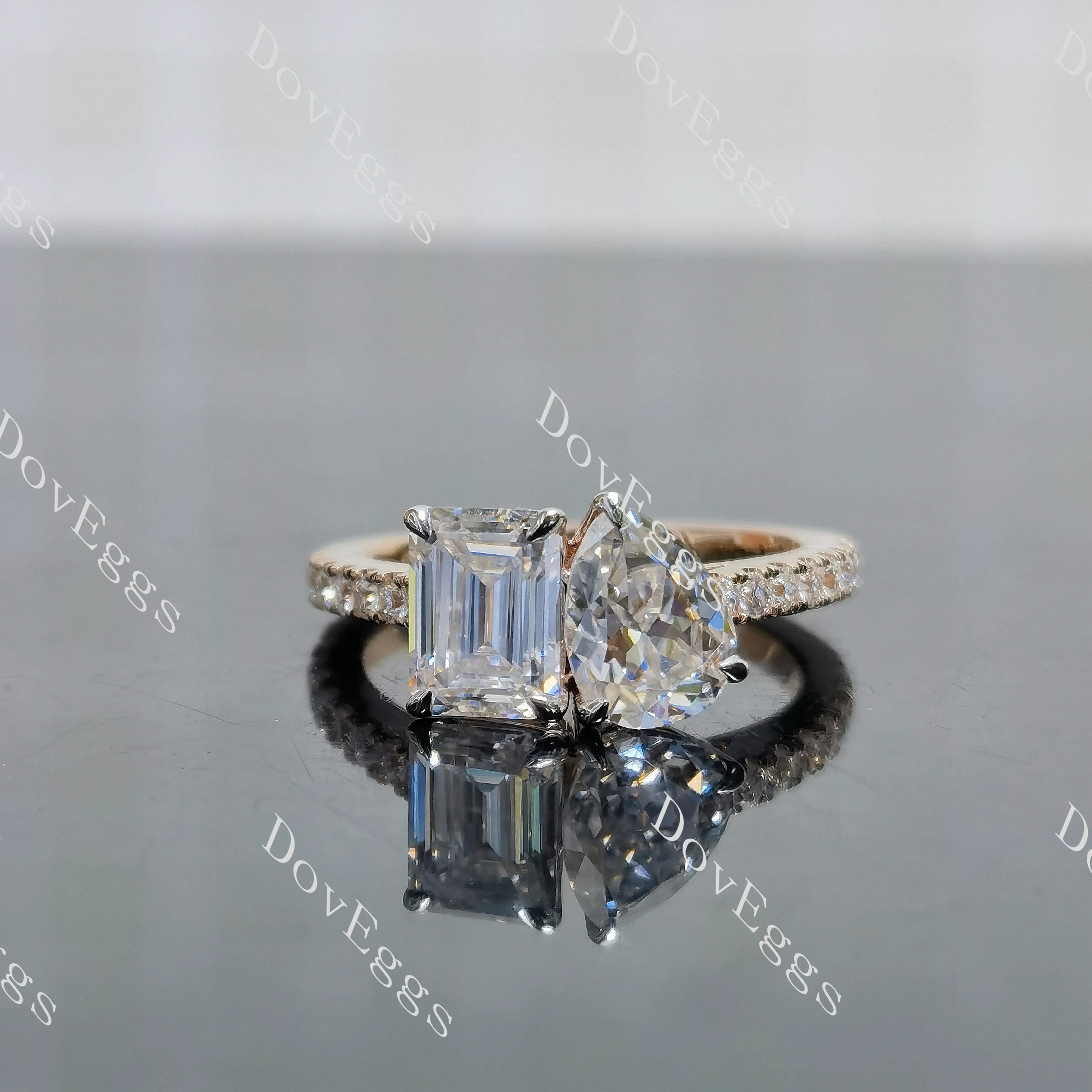 Pear emerald pave two stones moissanite engagement ring| DovEggs