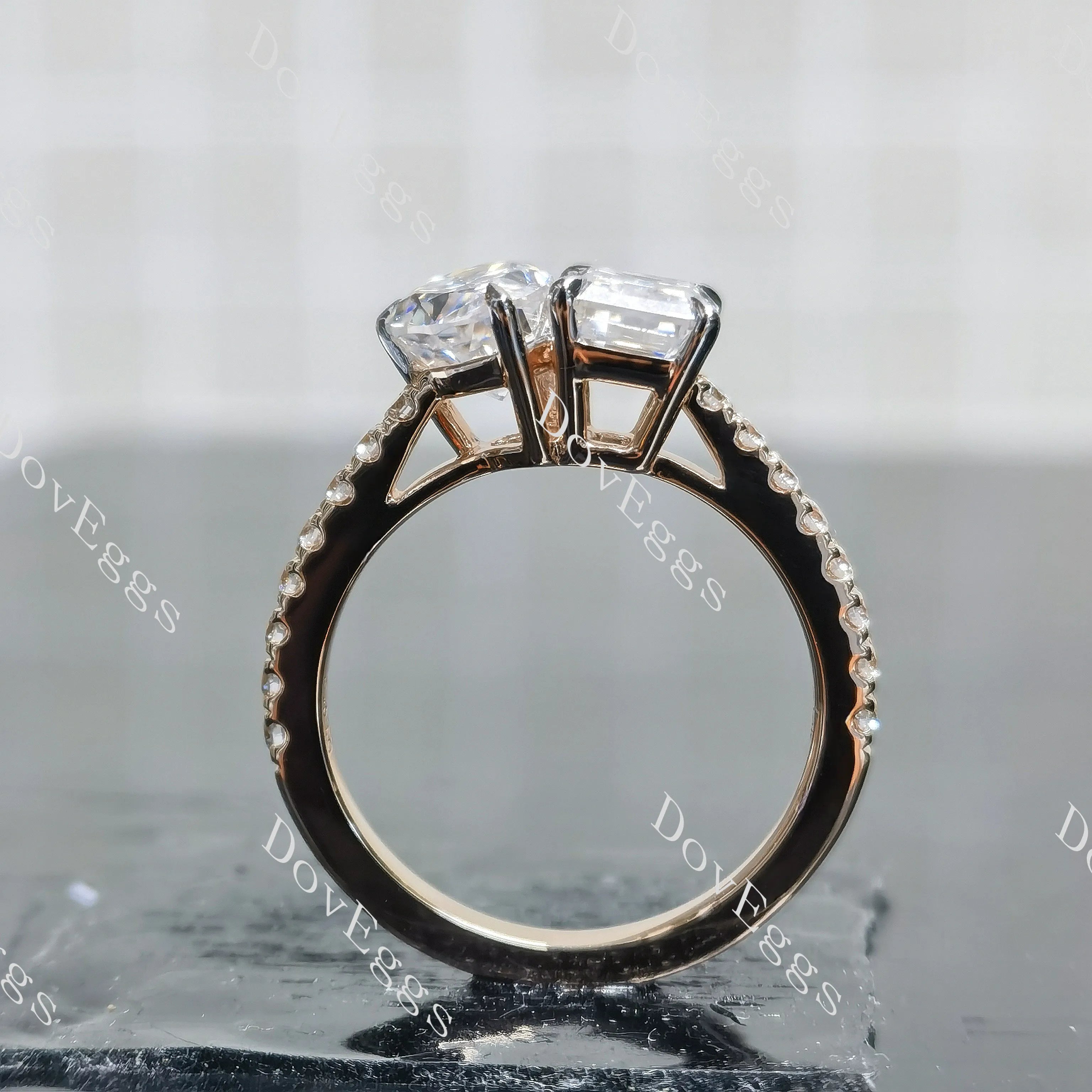 Pear emerald pave two stones moissanite engagement ring| DovEggs