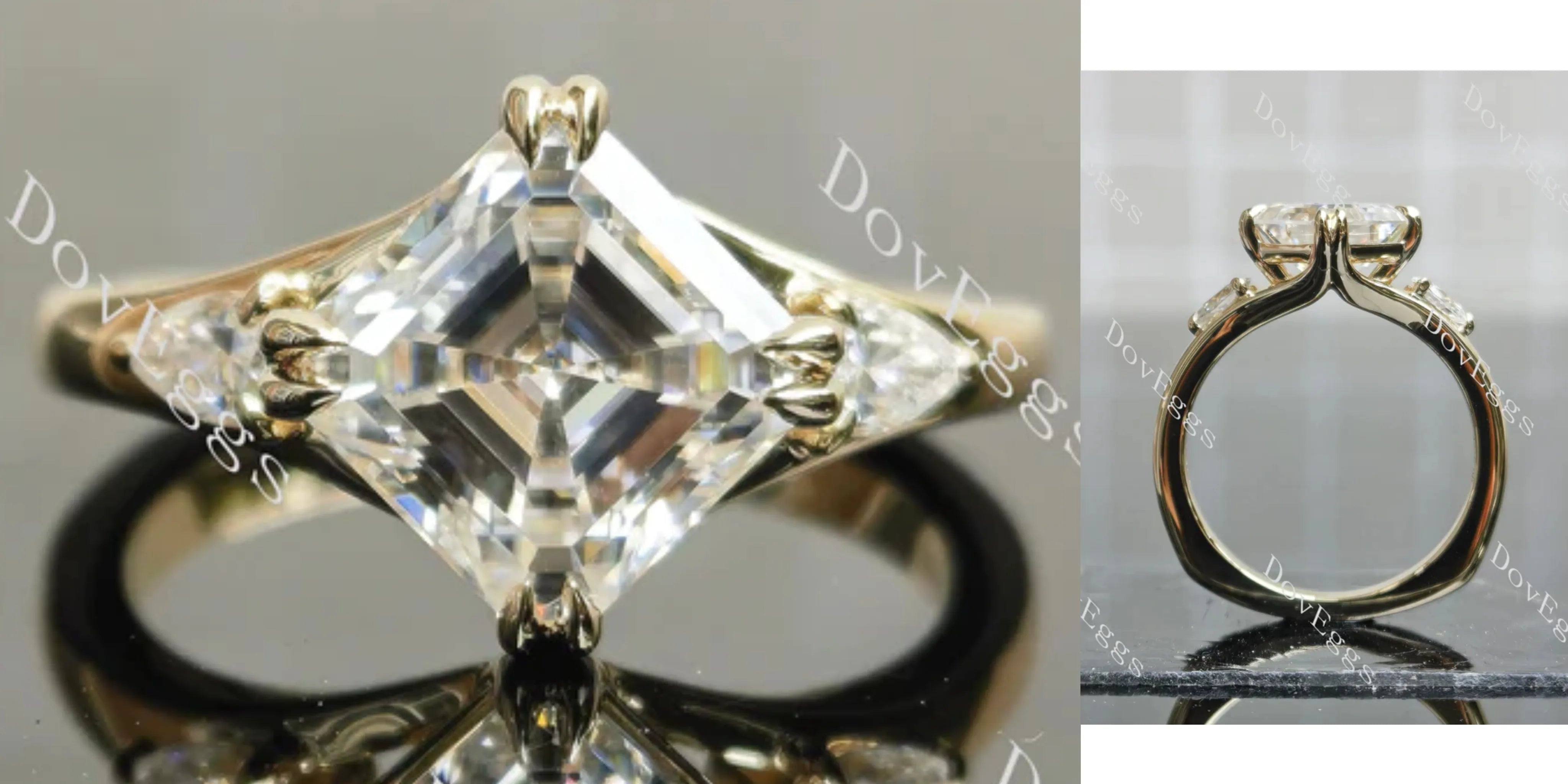 Asscher three stones moissanite engagement ring| DovEggs