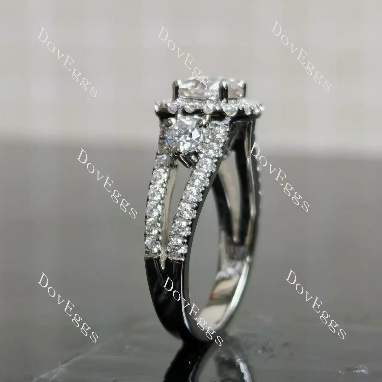 The Josephine- Round halo side stones split shanks moissanite engagement ring| DovEggs
