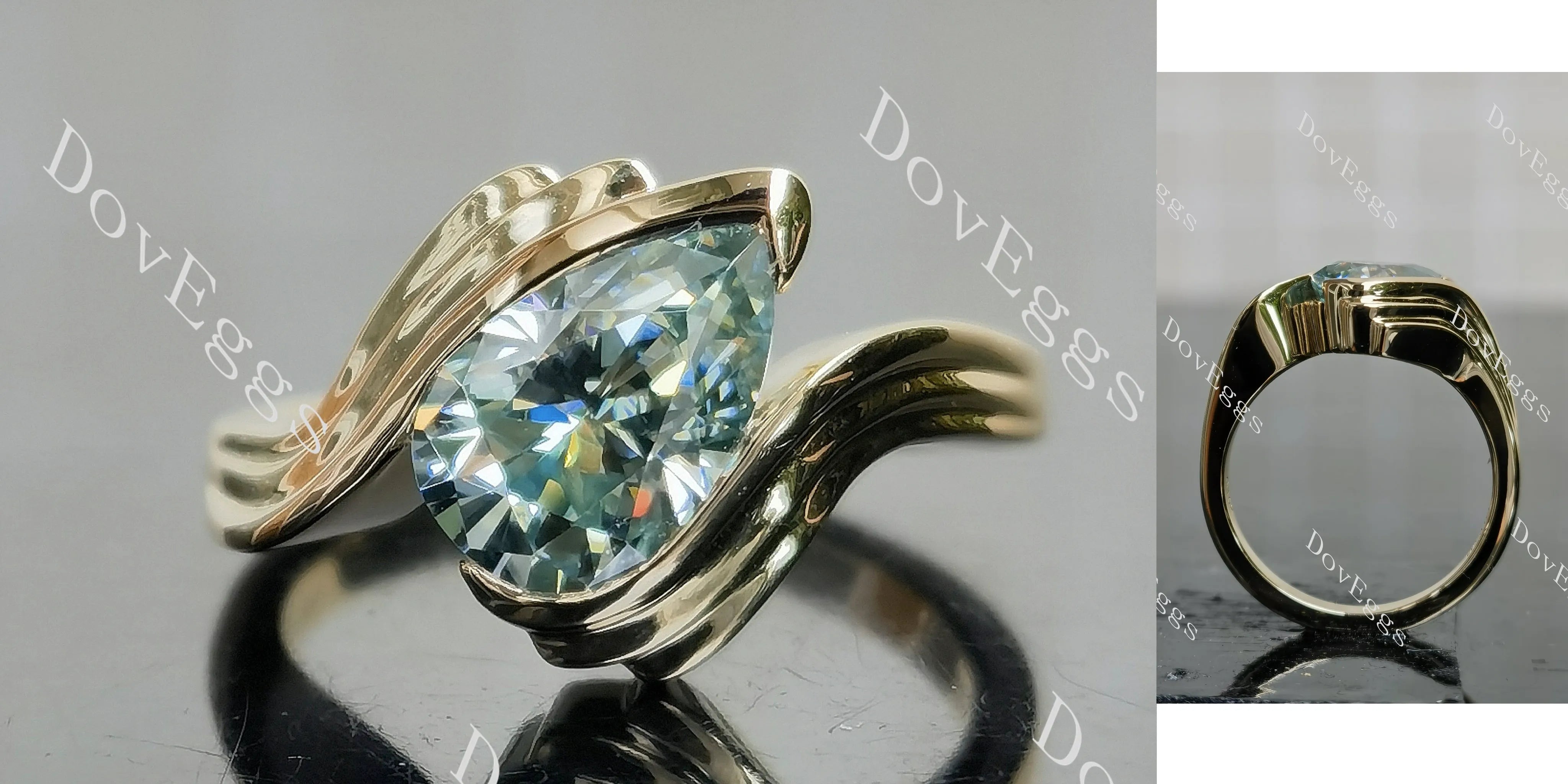 Pear solitaire swirl contours wrap colored moissanite engagement ring| DovEggs