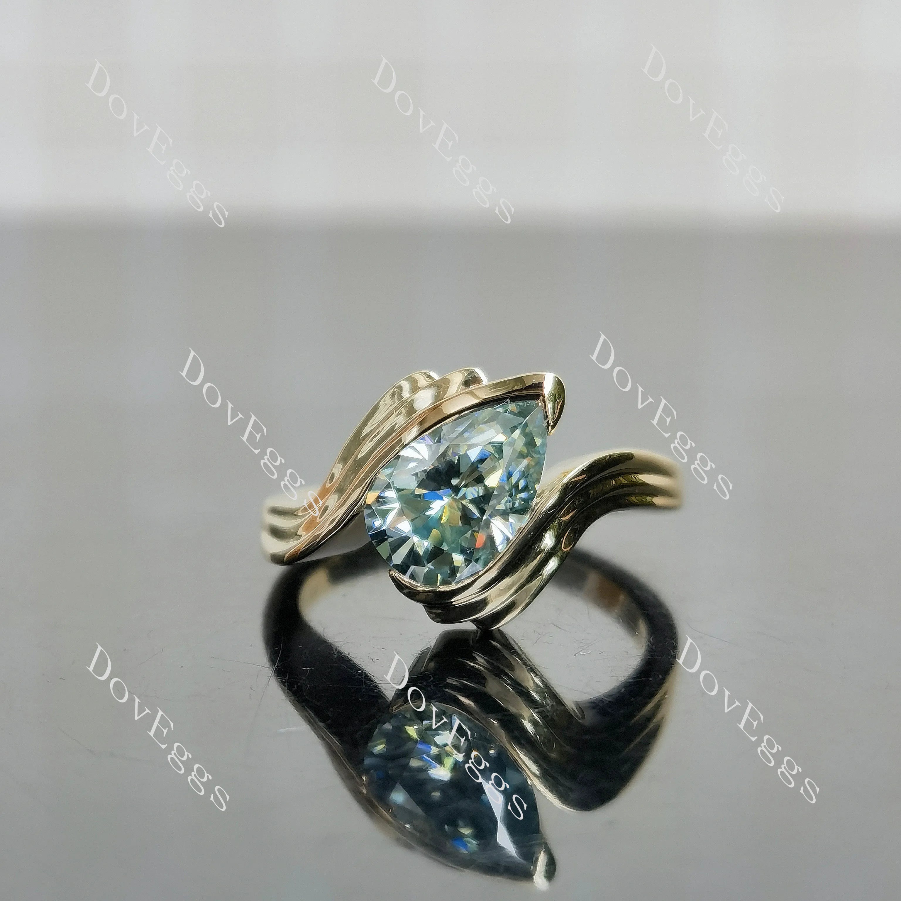 Pear solitaire swirl contours wrap colored moissanite engagement ring| DovEggs